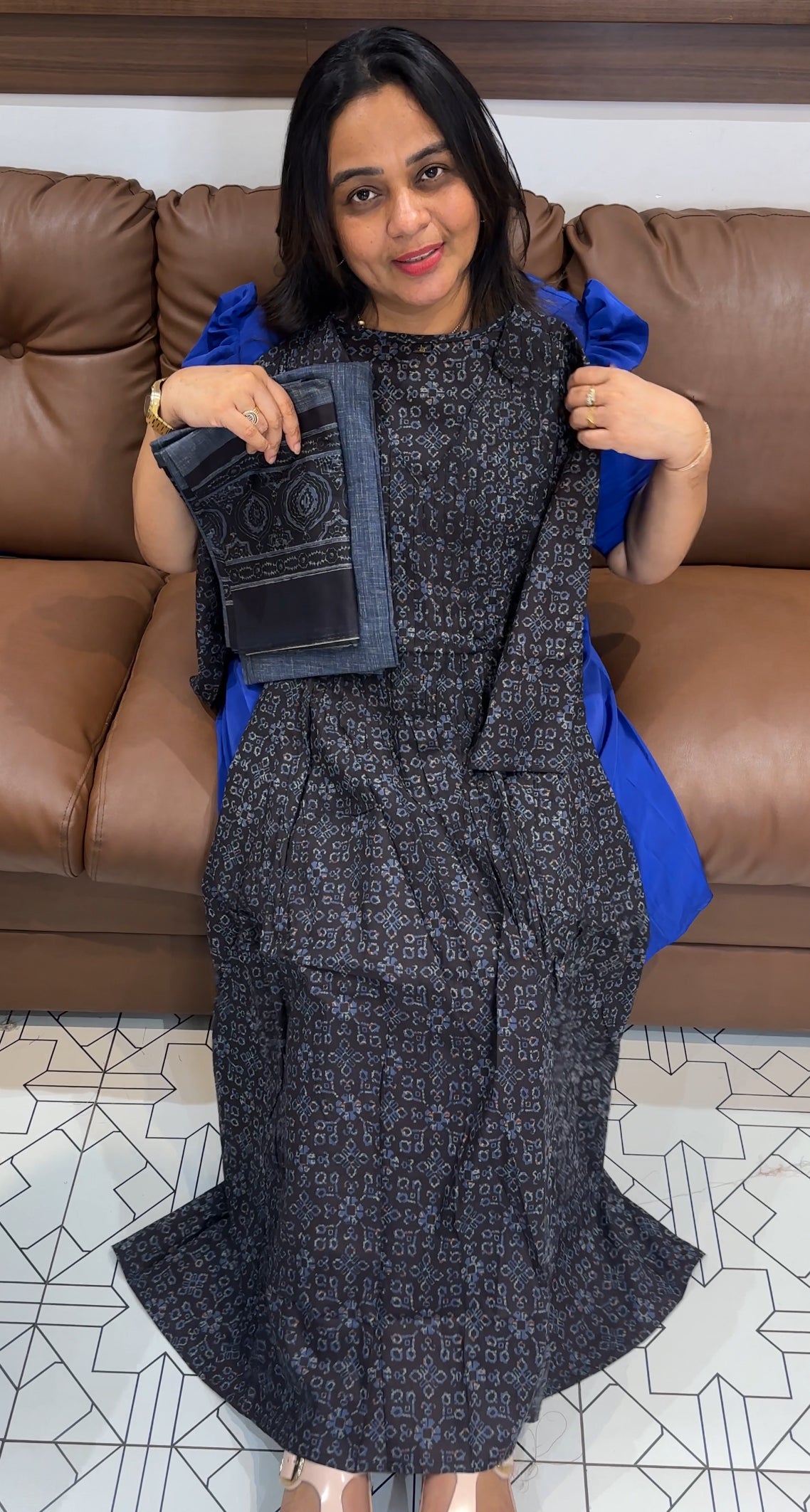 PRINTED COTTON LONG A-LIEN TOP, BOTTOM AND DUPATTA  - IHA 27706