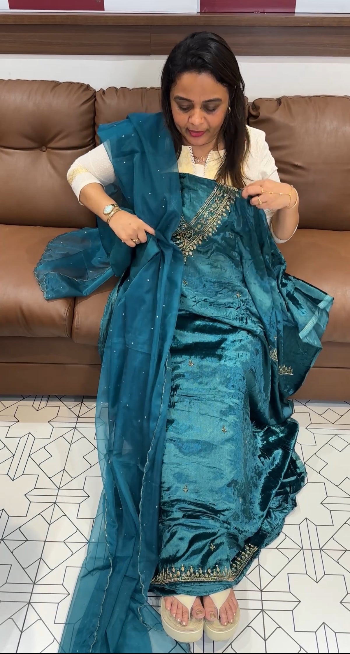 HAND WORKED VELVET UNSTITCHED SALWAR SUITS - IHA 24693