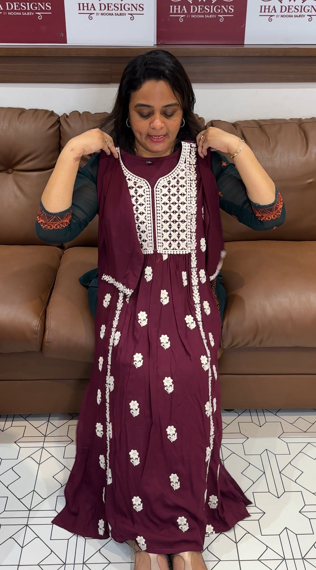 CHIKANKARI LONG A-LINE TOPS - IHA 26228