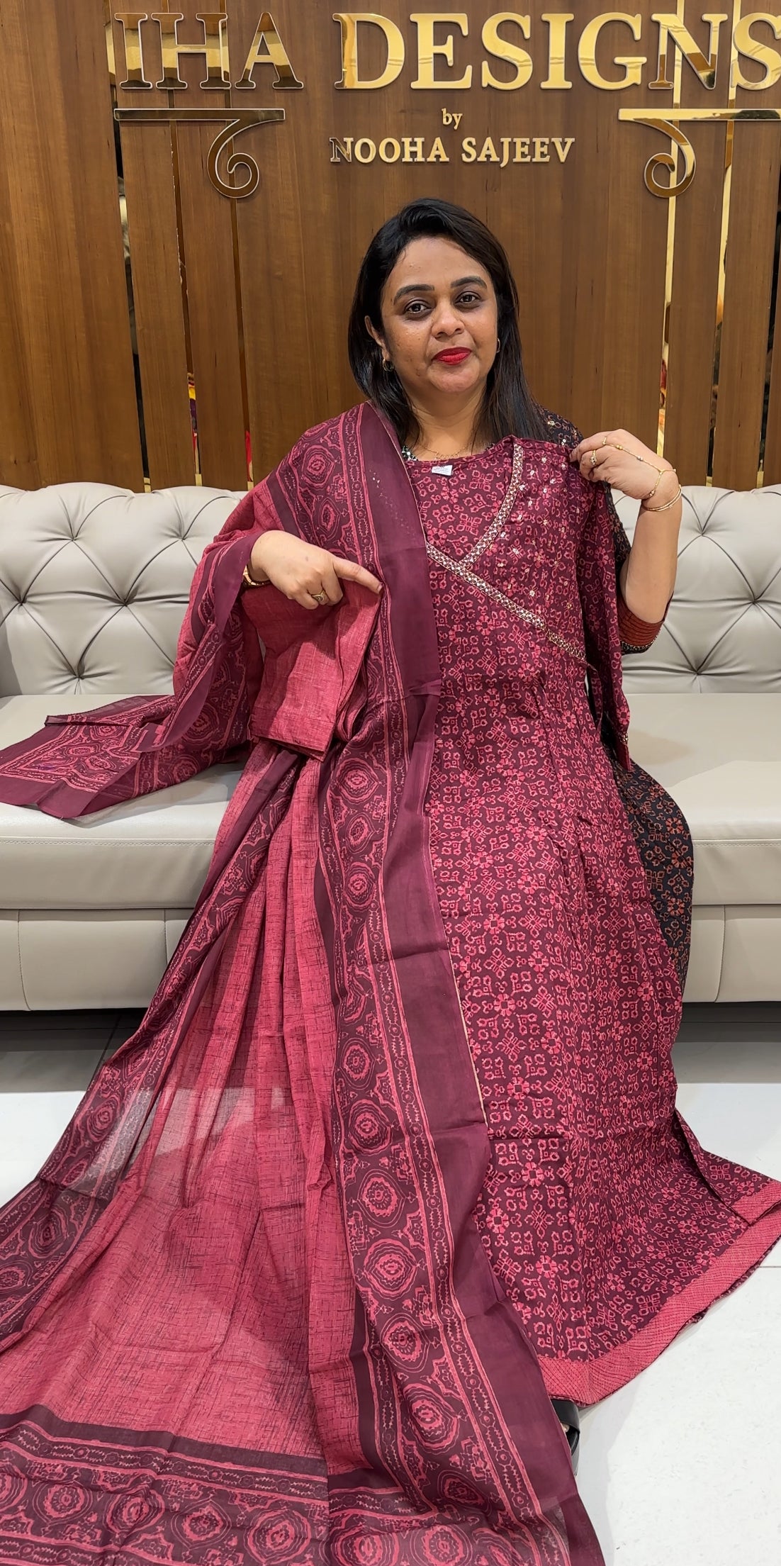 COTTON PRINTED ANARKALI TOP,BOTTOM AND DUPATTA - IHA 24487