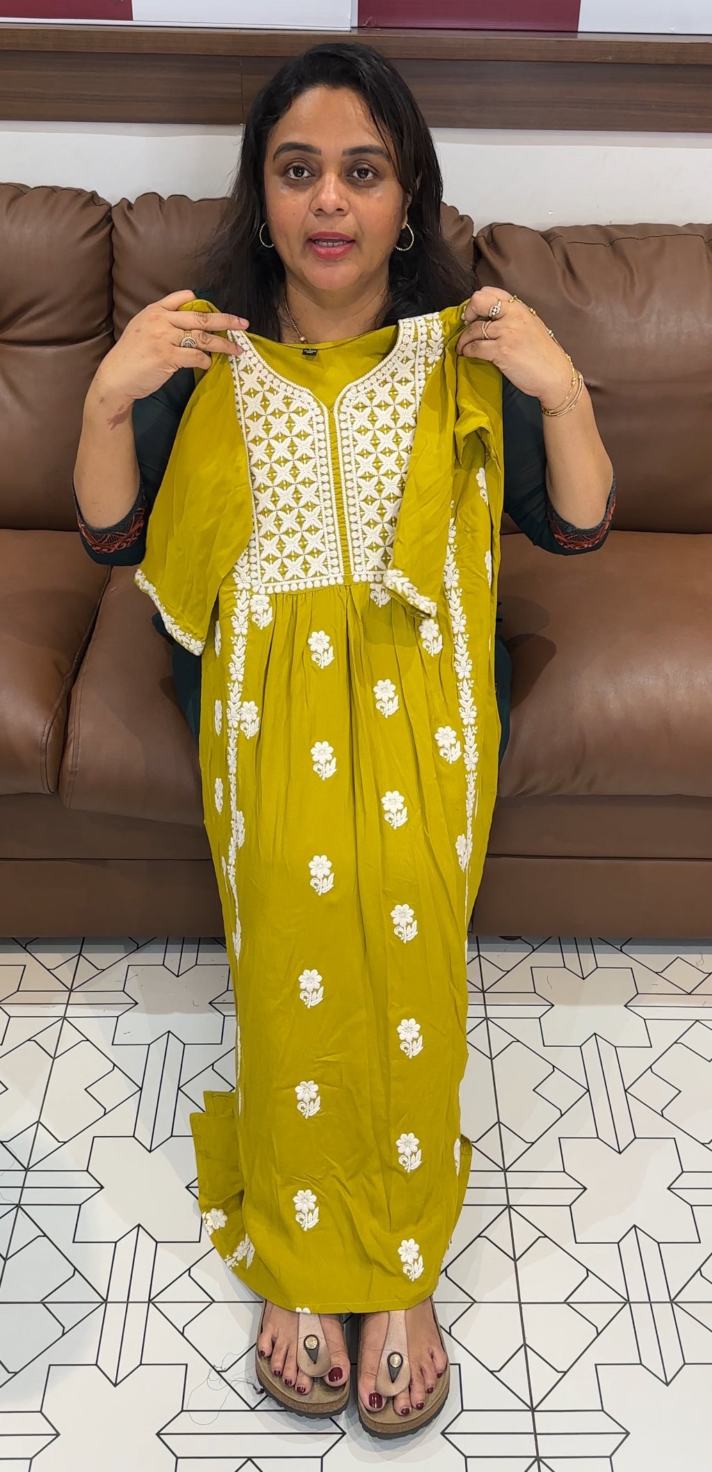 CHIKANKARI LONG A-LINE TOPS - IHA 26228