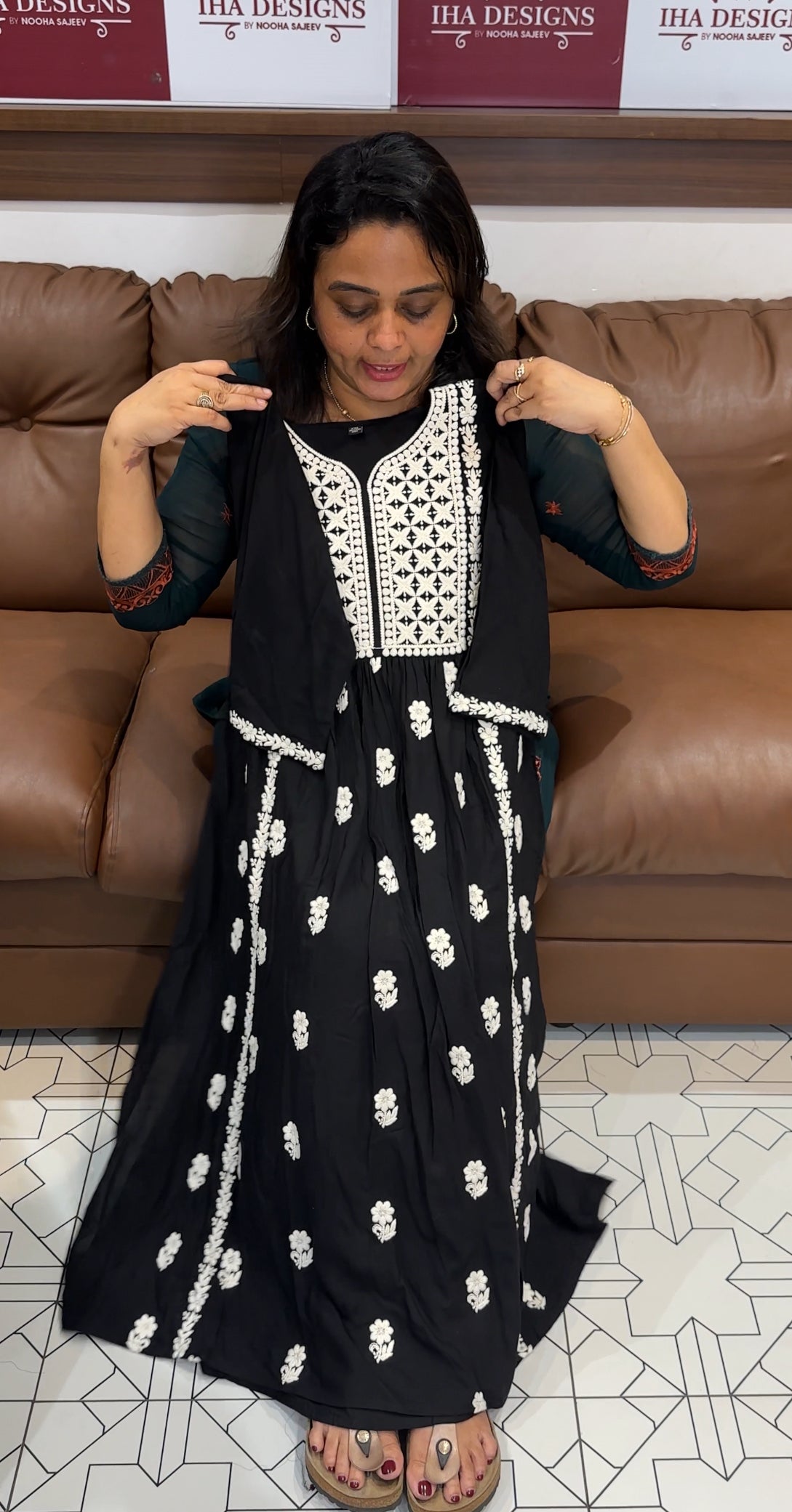CHIKANKARI LONG A-LINE TOPS - IHA 26228