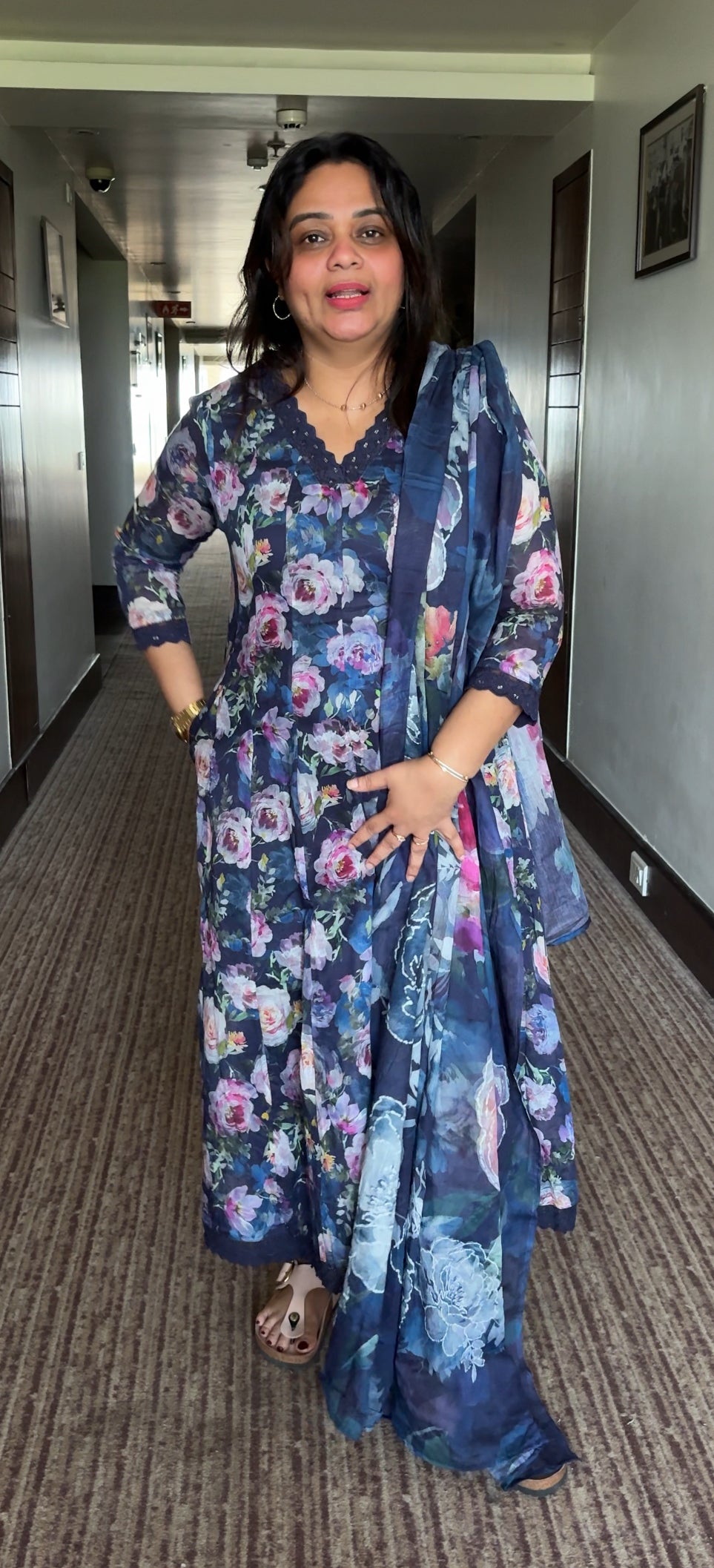 MULMUL COTTON PRINTED ANARKALI TOP,BOTTOM AND DUPATTA - IHA 26973