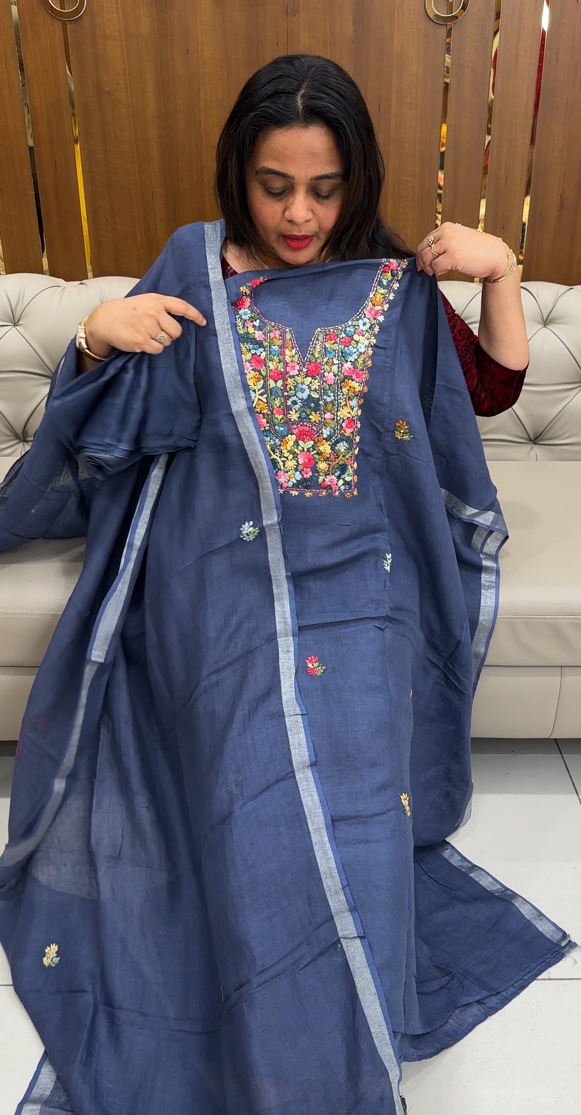 HANDWORKED LINEN UNSTITCHED SALWAR SUITS - IHA 26034