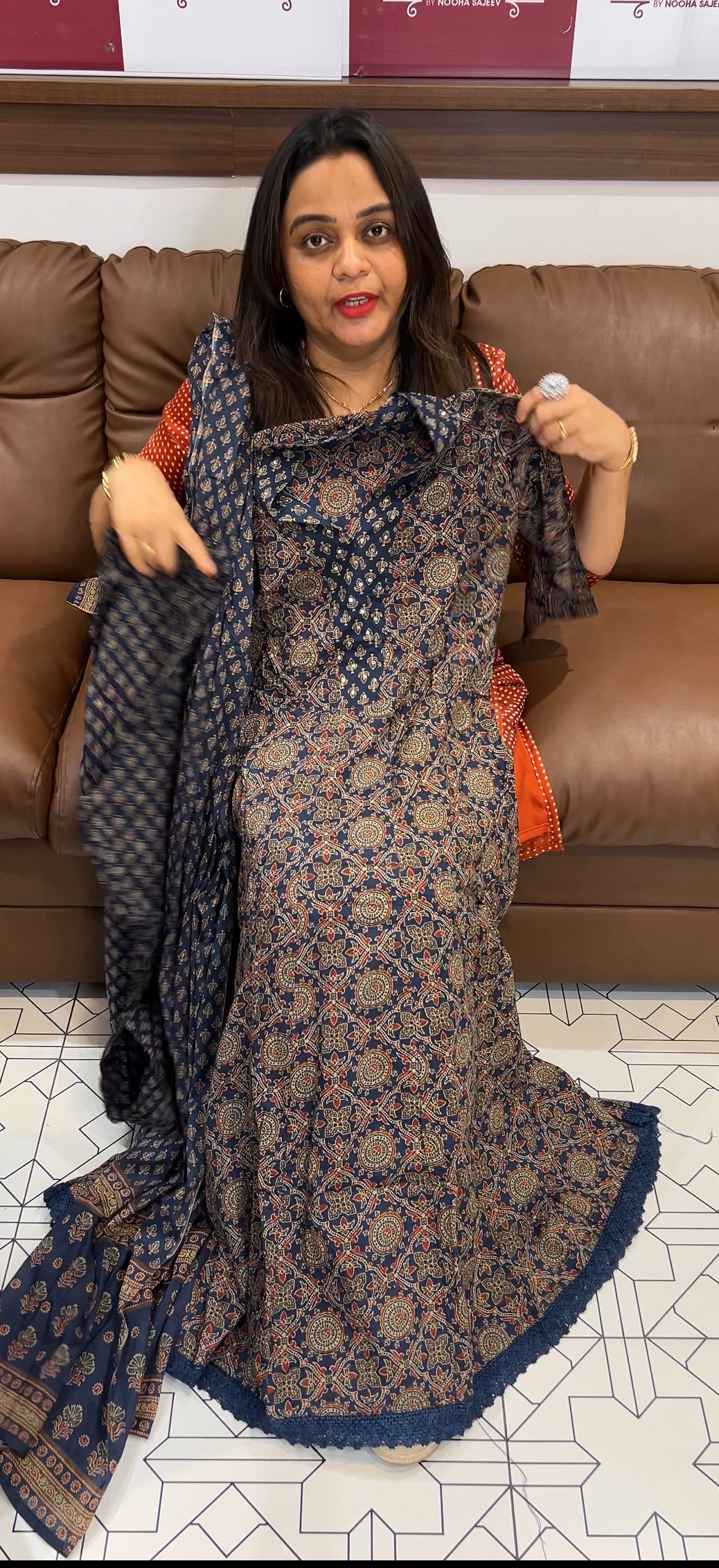 AJRAKH PRINTED ANARKALI TOP , BOTTOM AND DUPATTA - IHA 22868
