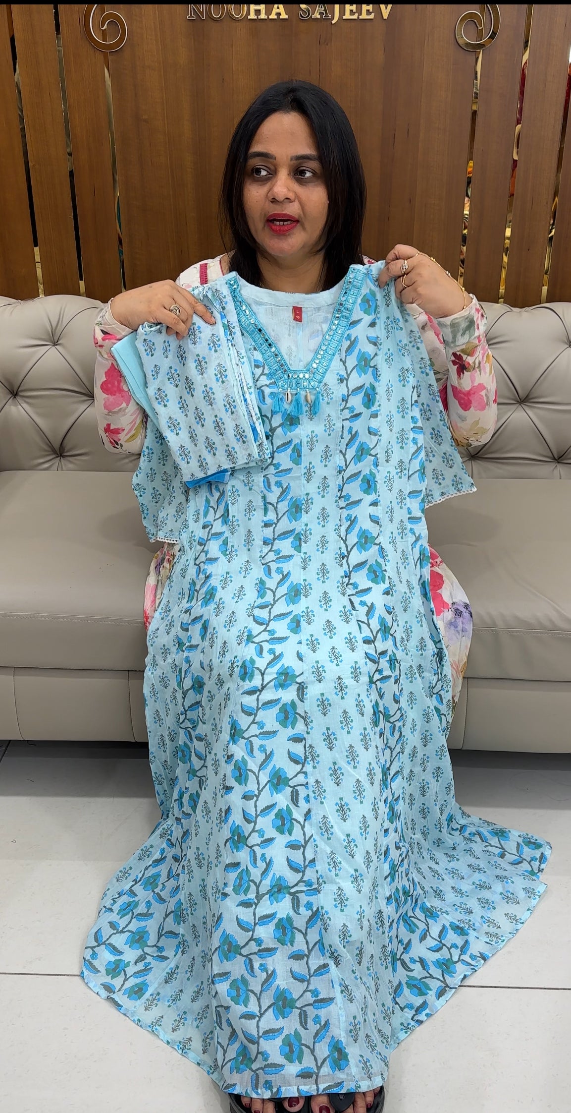 PRINTED COTTON ANARKALI TOP ,BOTTOM AND DUPATTA - IHA 26072