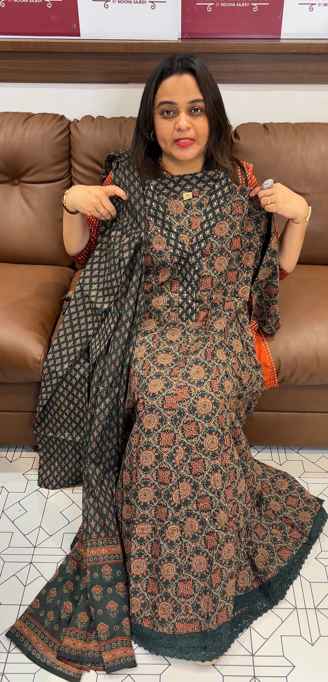 AJRAKH PRINTED ANARKALI TOP , BOTTOM AND DUPATTA - IHA 22868