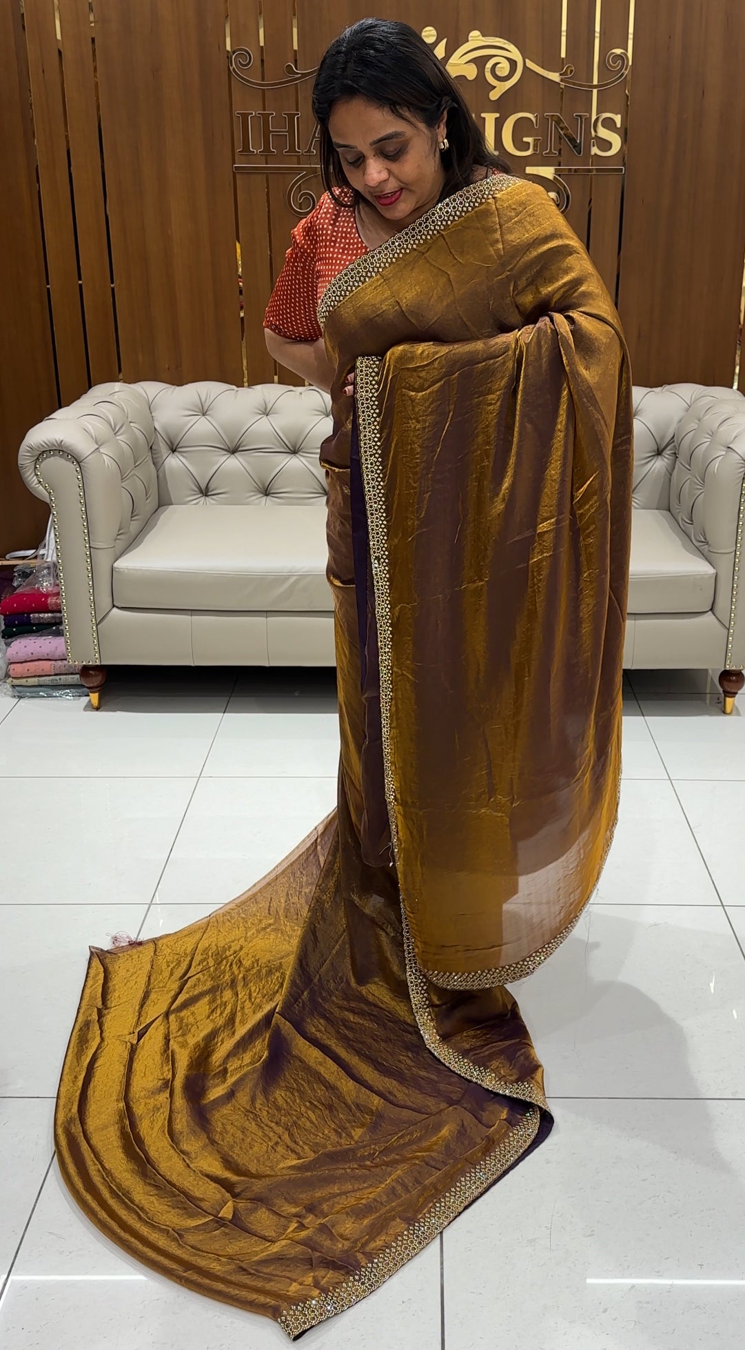 VELVET ORGANZA SAREES - IHA 24436