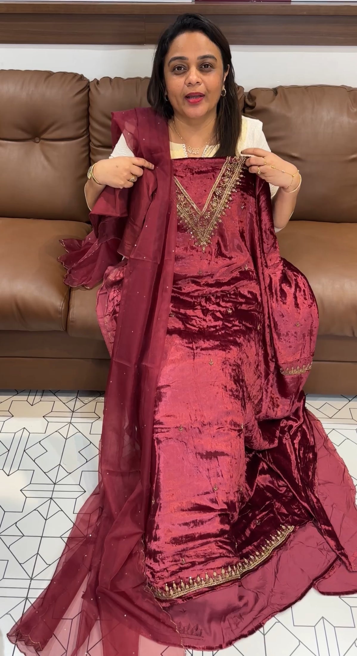 HAND WORKED VELVET UNSTITCHED SALWAR SUITS - IHA 24693