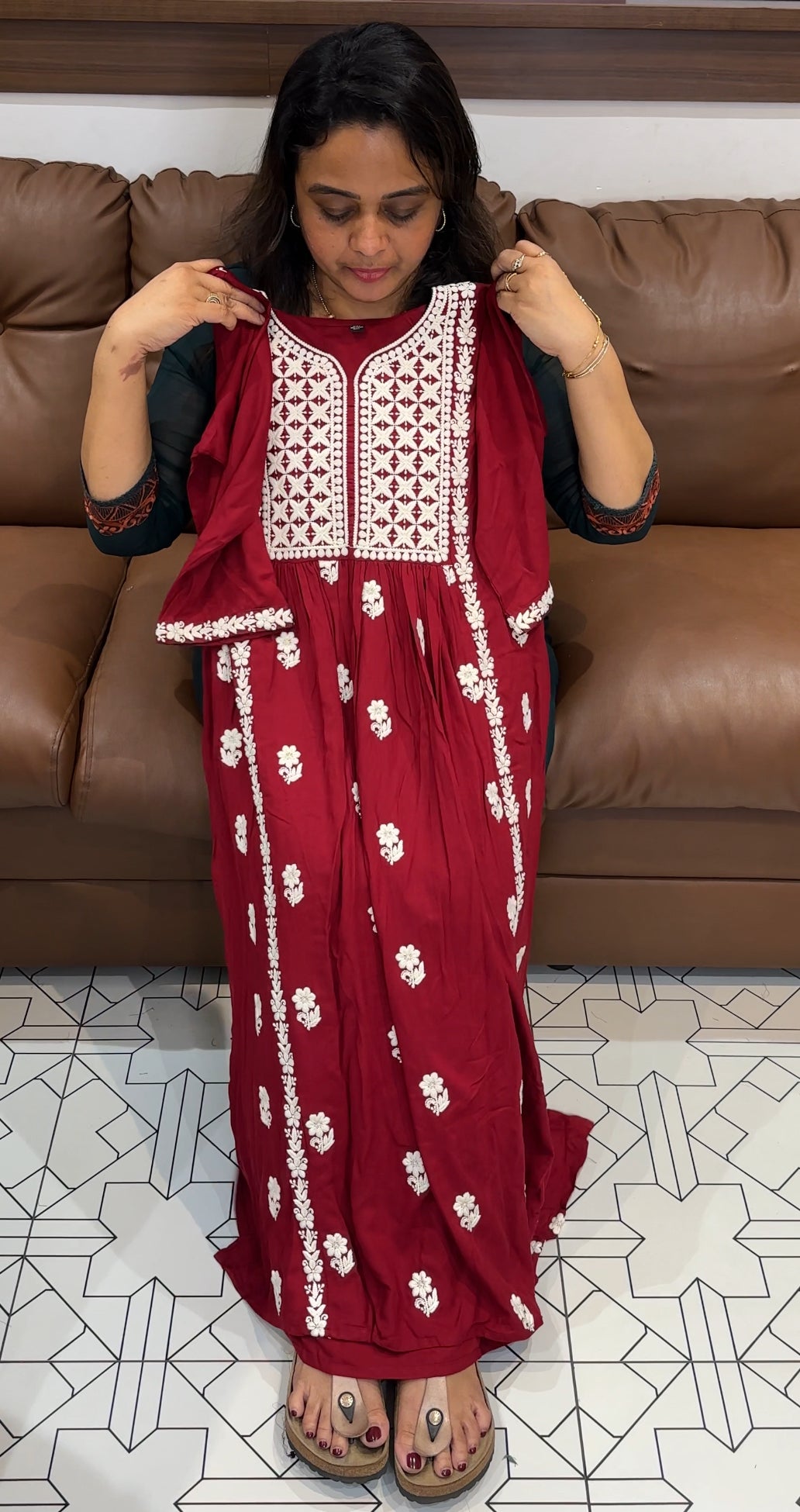 CHIKANKARI LONG A-LINE TOPS - IHA 26228