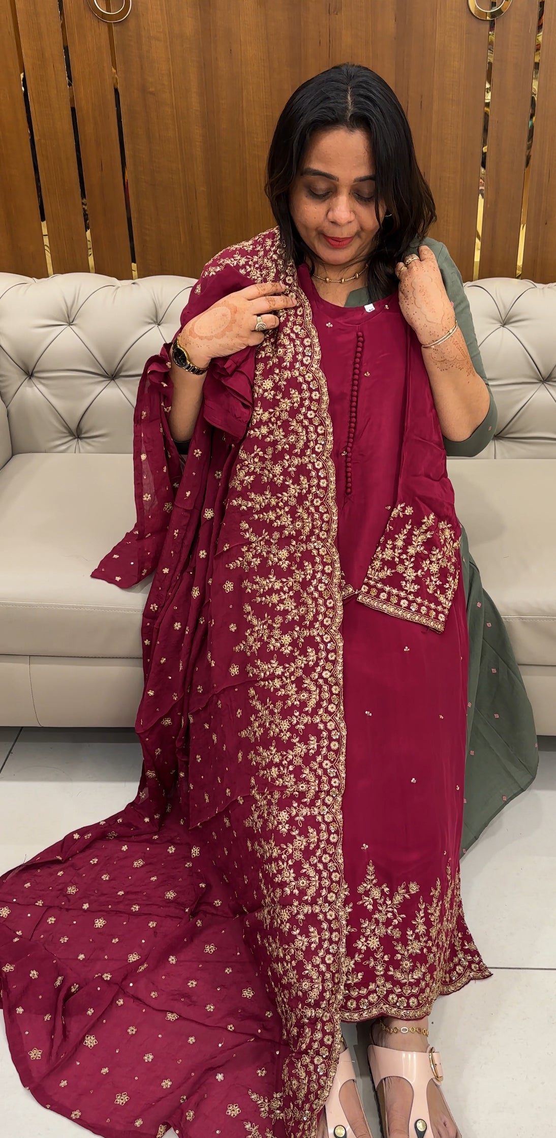 HAND WORKED CRAPE SILK TOP,BOTTOM AND DUPATTA - IHA 27599