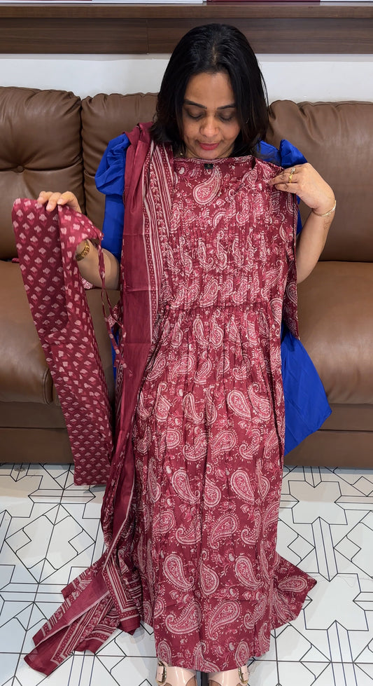 PRINTED COTTON LONG A-LIEN TOP, BOTTOM AND DUPATTA  - IHA 27706