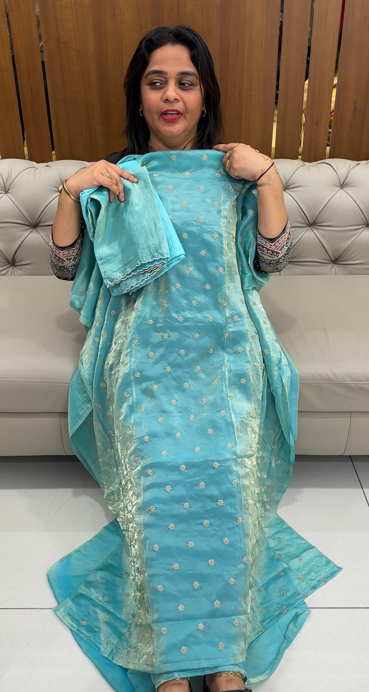 VELVET ORGANZA UNSTITCHED SALWAR SUITS - IHA 25981