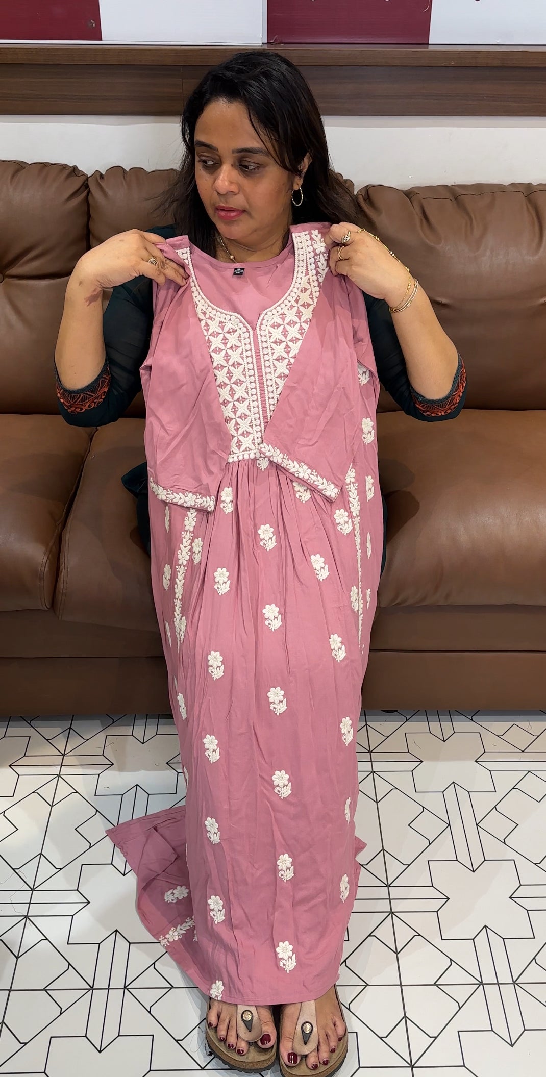 CHIKANKARI LONG A-LINE TOPS - IHA 26228