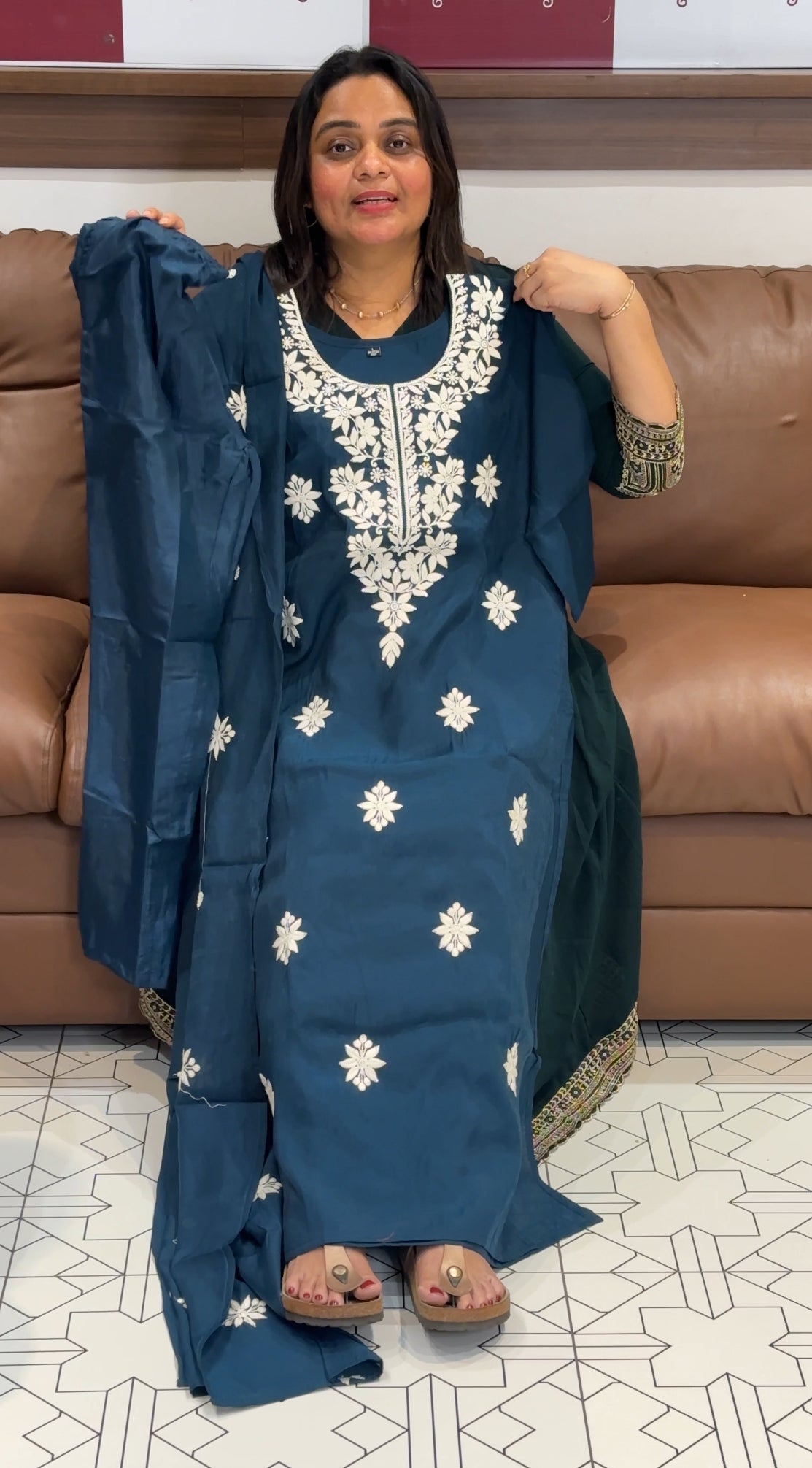 MALAI CHANDERI LONG TOP , BOTTOM AND DUPATTA - IHA 27350