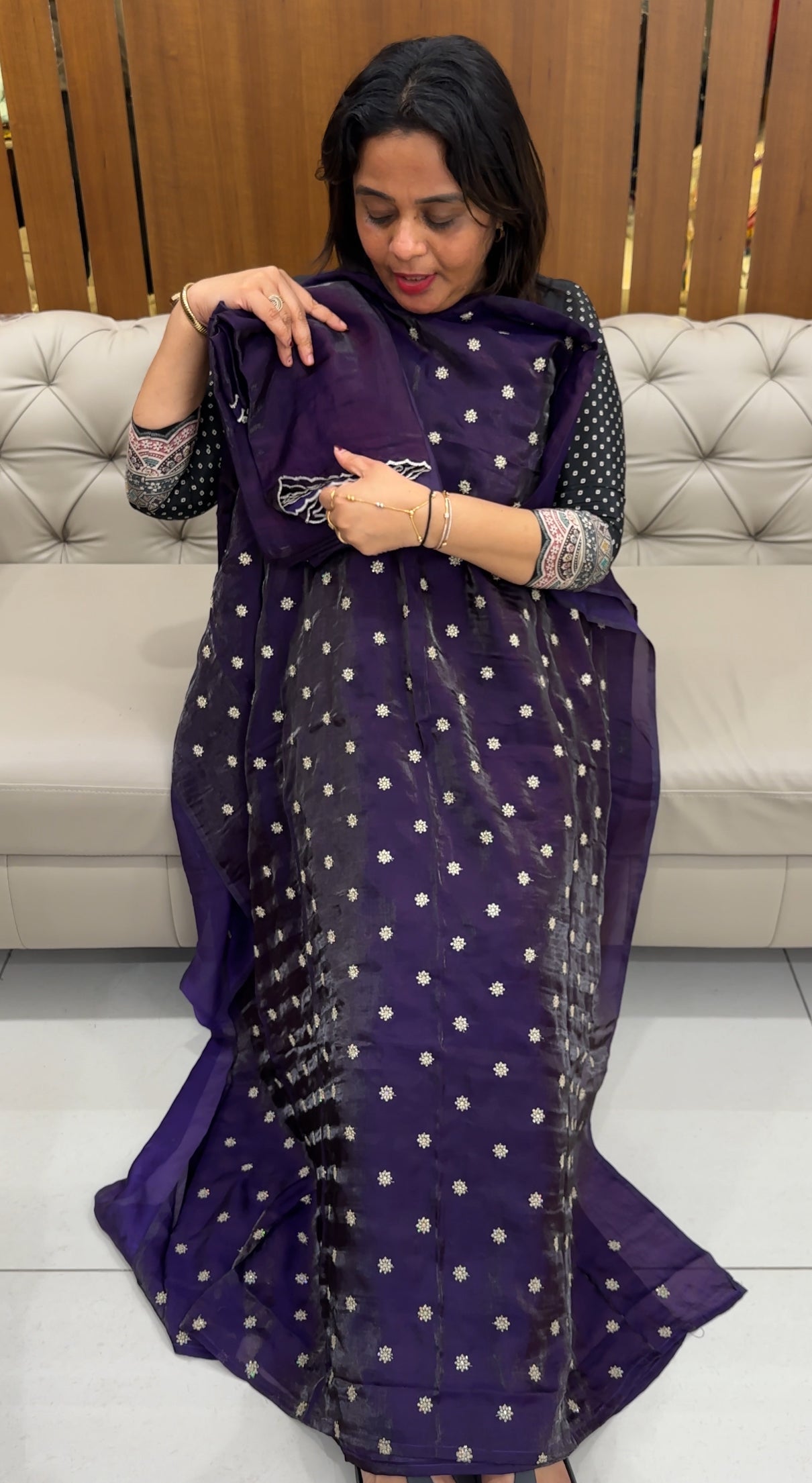 VELVET ORGANZA UNSTITCHED SALWAR SUITS - IHA 25981