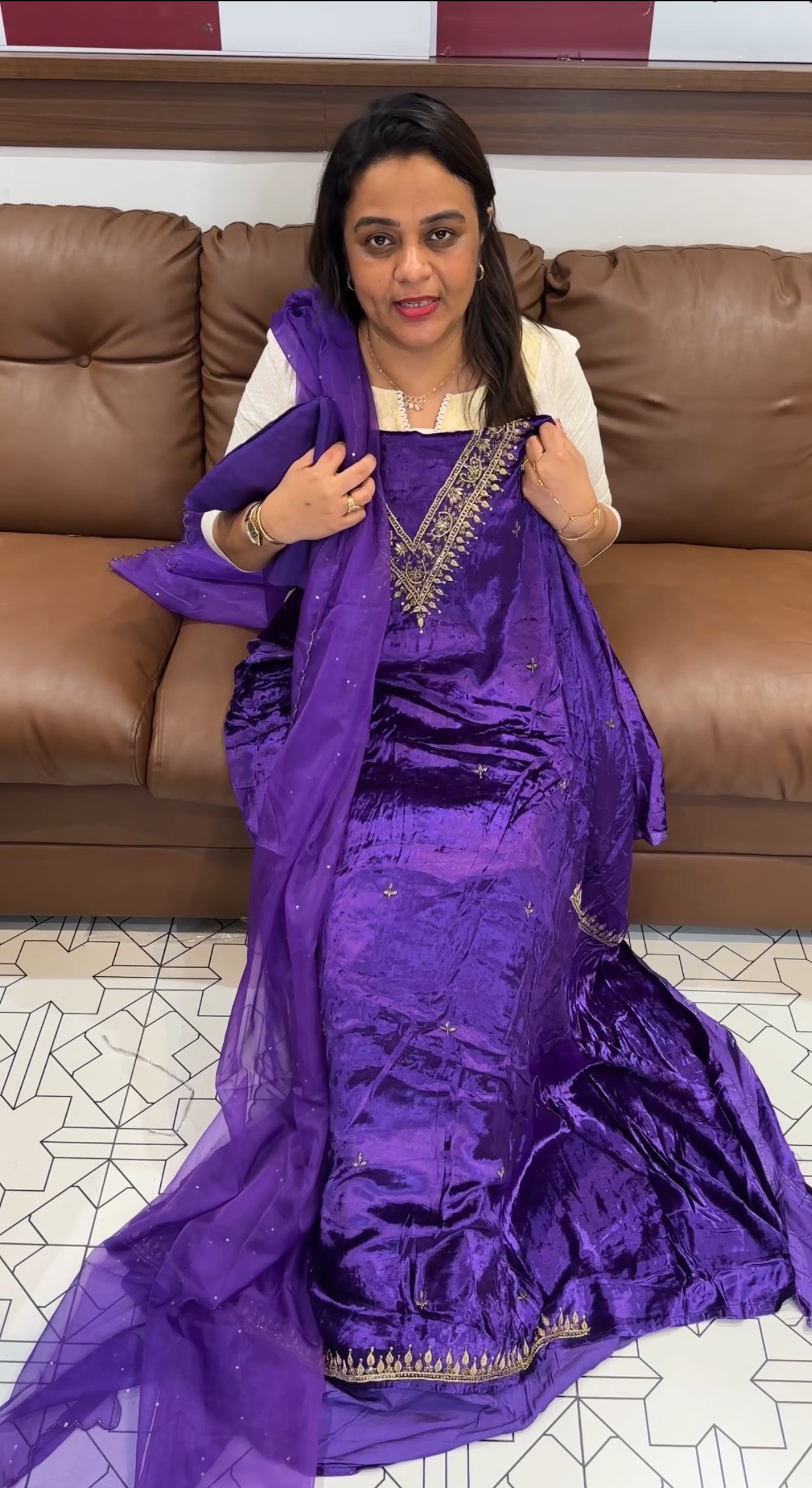 HAND WORKED VELVET UNSTITCHED SALWAR SUITS - IHA 24693