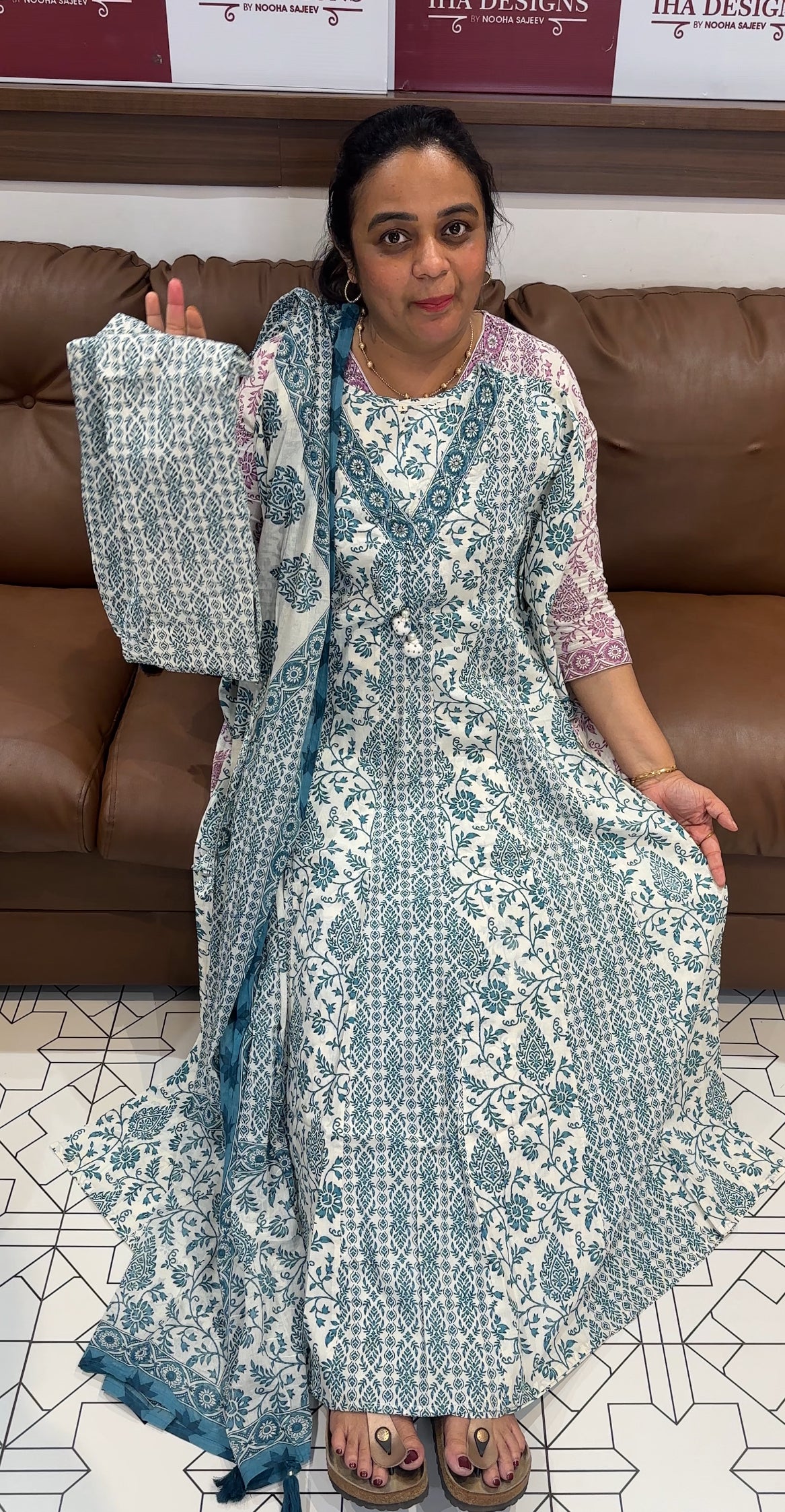 COTTON PRINTED ANARKALI TOP ,BOTTOM AND DUPATTA - IHA 26411