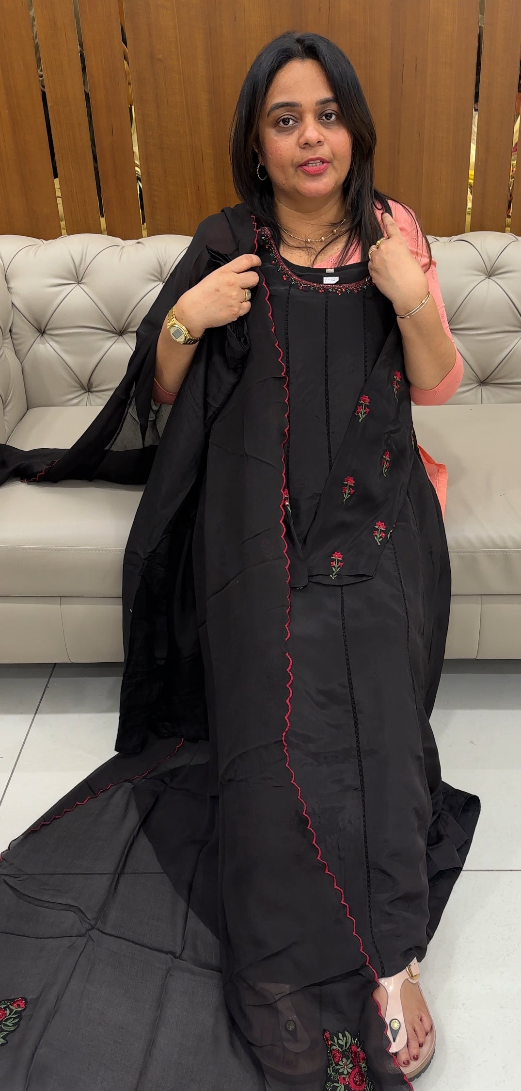 CRAPE SILK ANARKALI TOP,BOTTOM AND DUPATTA - IHA 27045