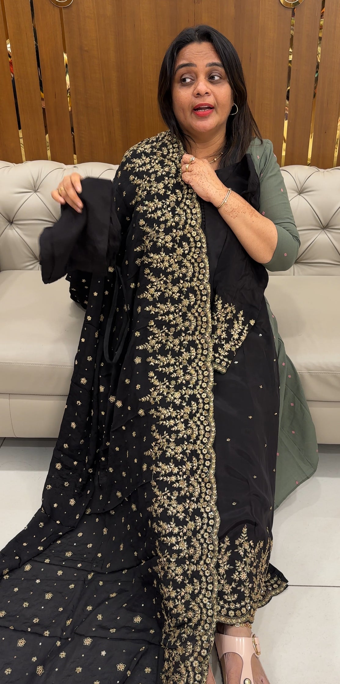 HAND WORKED CRAPE SILK TOP,BOTTOM AND DUPATTA - IHA 27599