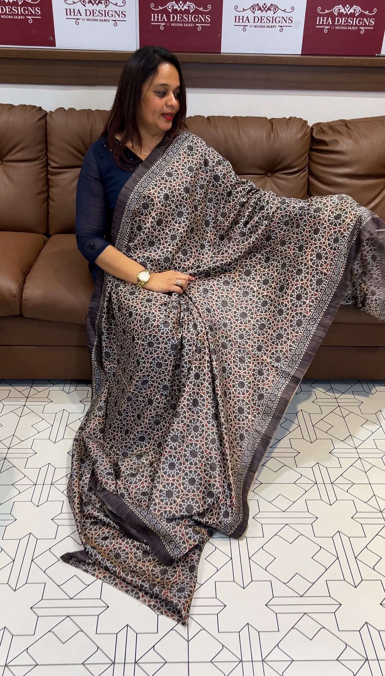 AJRAKH PRINTED SEMI JUTE SAREES - IHA 9717