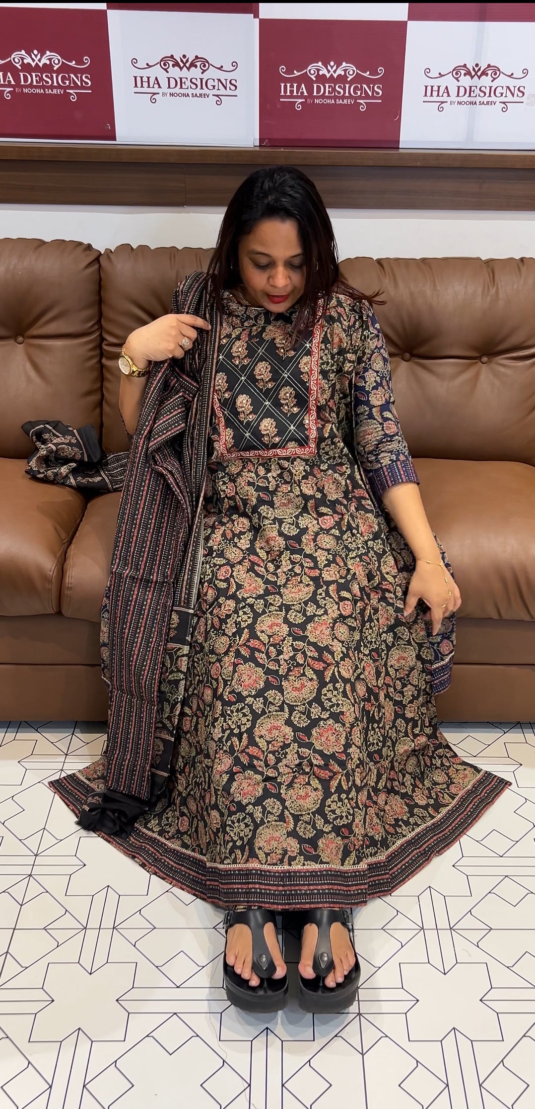 BUDGET BUY PRINTED COTTON ANARKALI TOP , BOTTOM AND DUPATTA - IHA 9767
