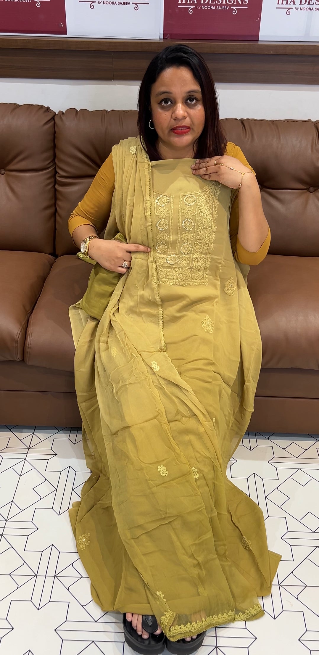 LUCKNOWI CHIKANKARI UNSTITCHED SALWAR SUITS - IHA 9739