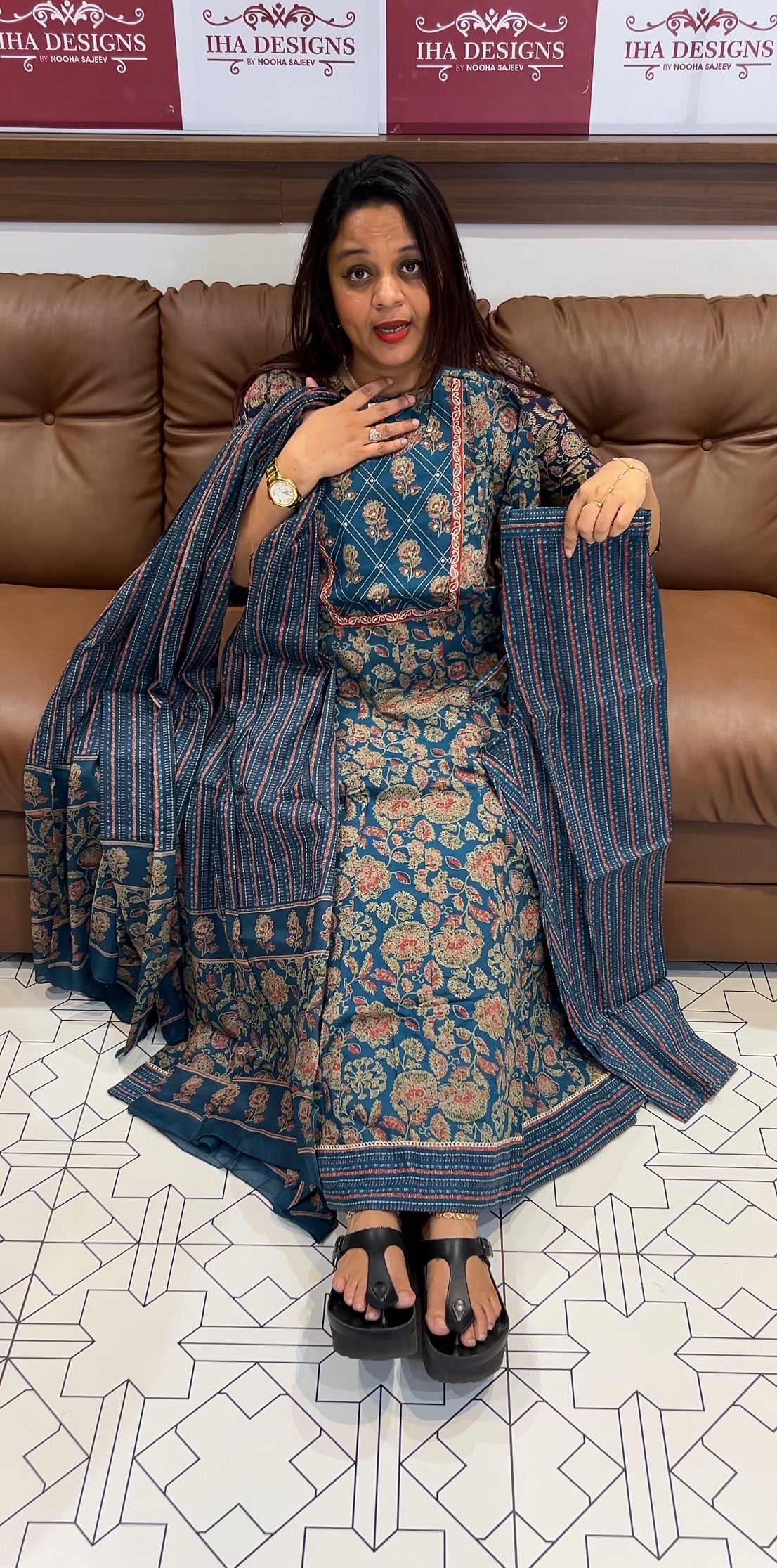 BUDGET BUY PRINTED COTTON ANARKALI TOP , BOTTOM AND DUPATTA - IHA 9767