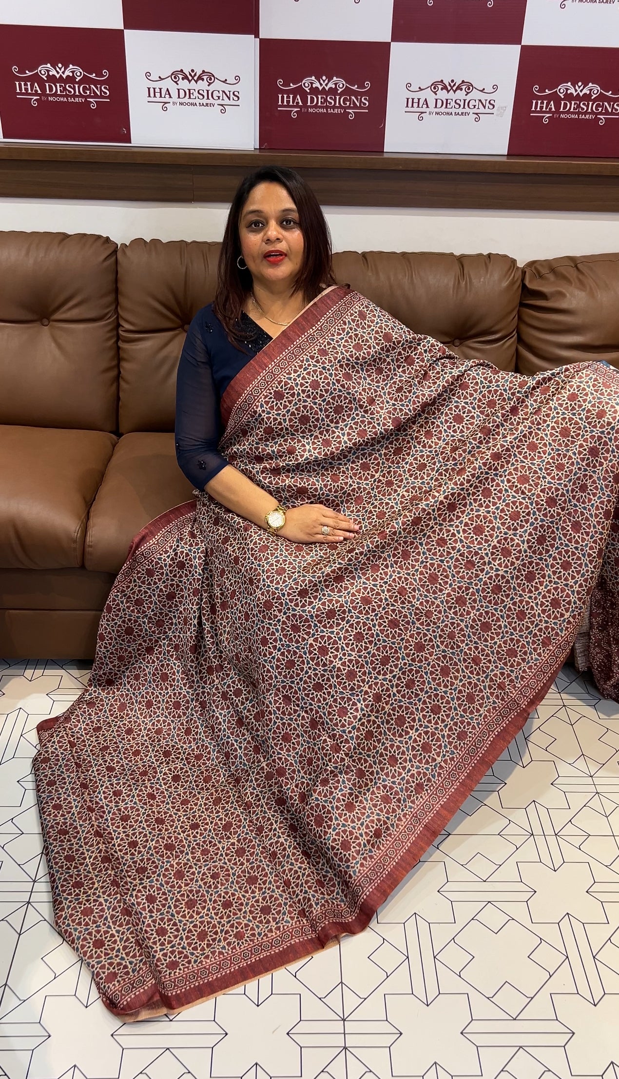AJRAKH PRINTED SEMI JUTE SAREES - IHA 9717