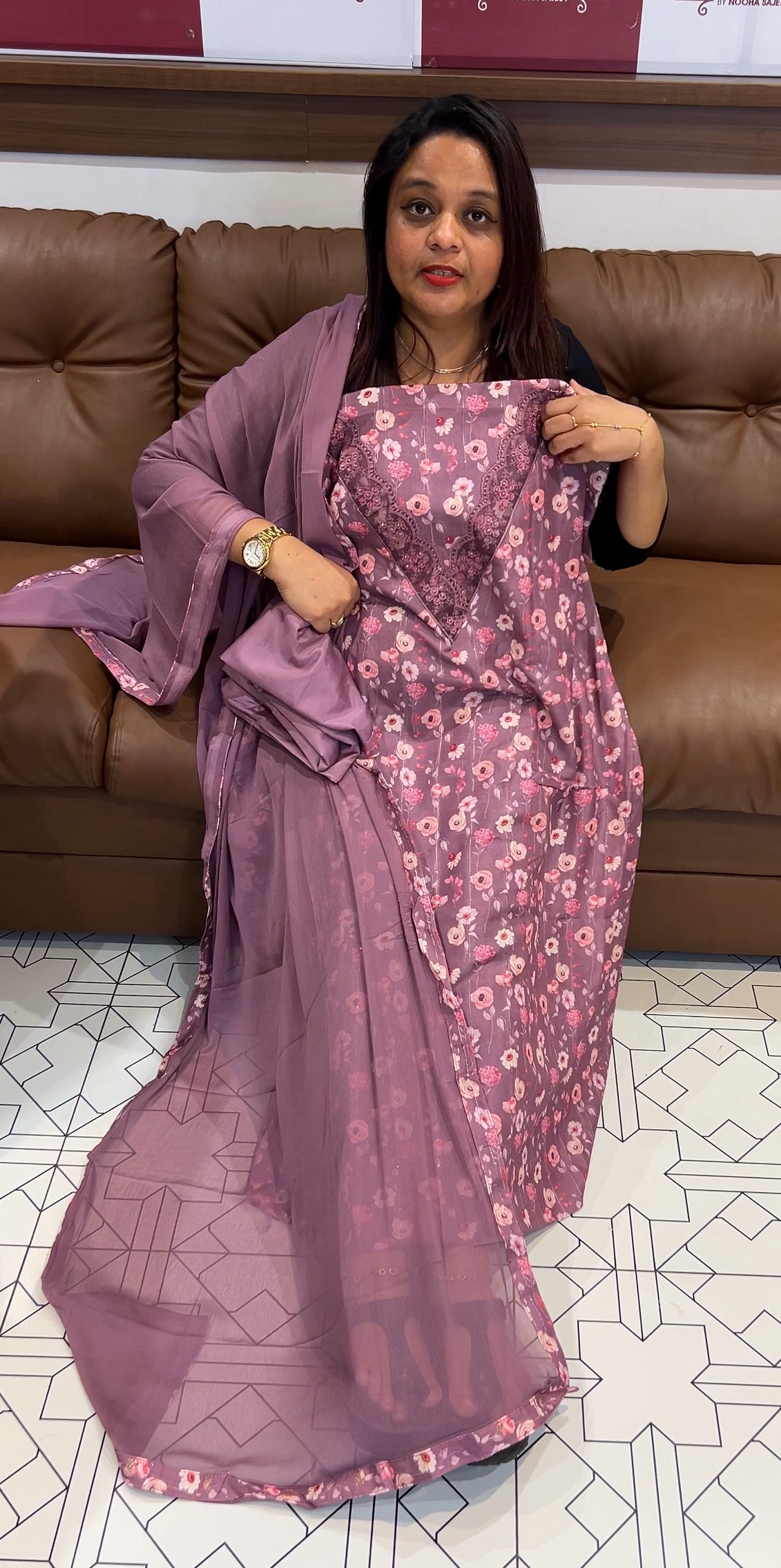 PRINTED CHANDERI UNSTITCHED SALWAR SUITS - IHA 9762