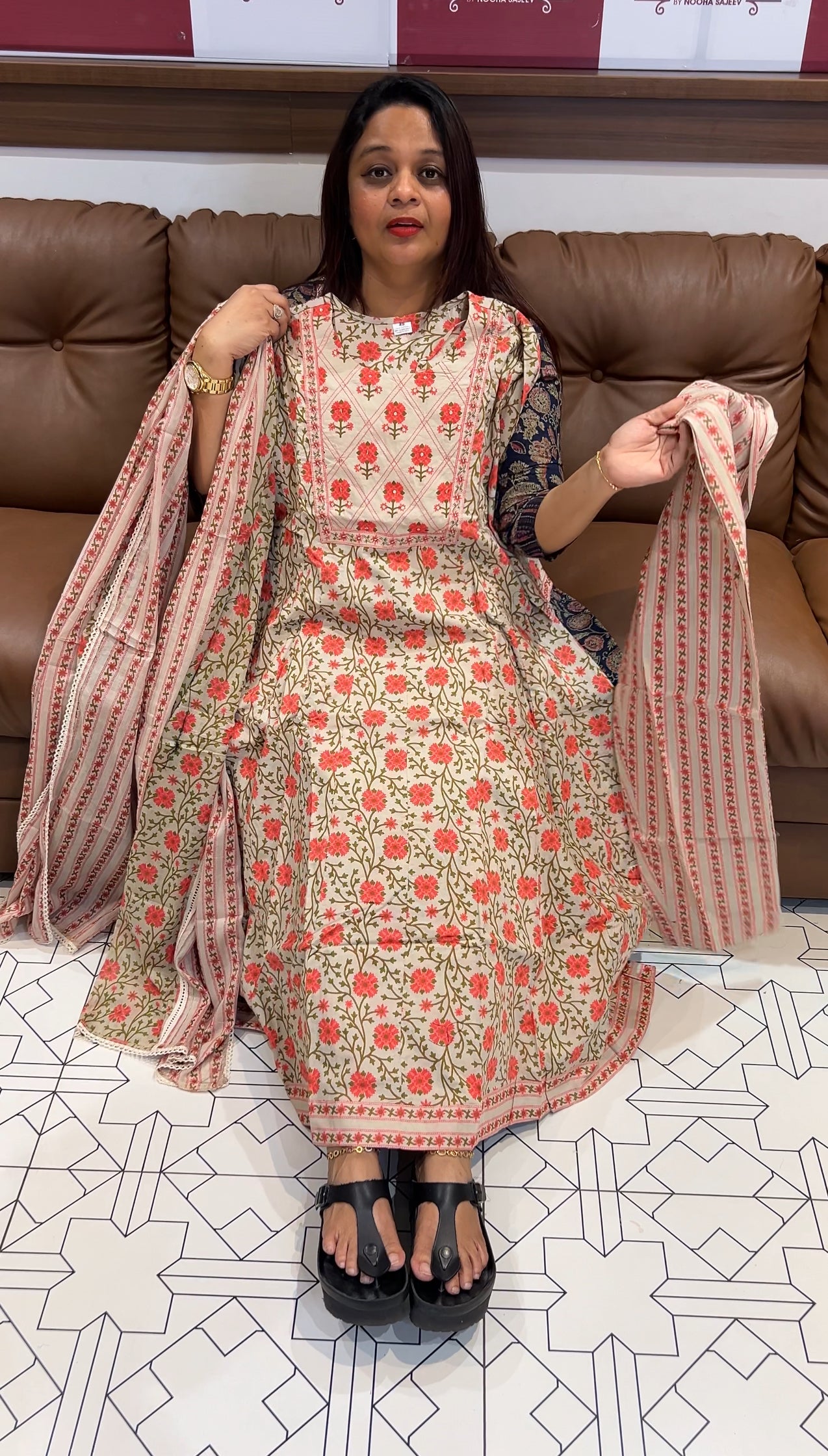 BUDGET BUY PRINTED COTTON ANARKALI TOP , BOTTOM AND DUPATTA - IHA 9767