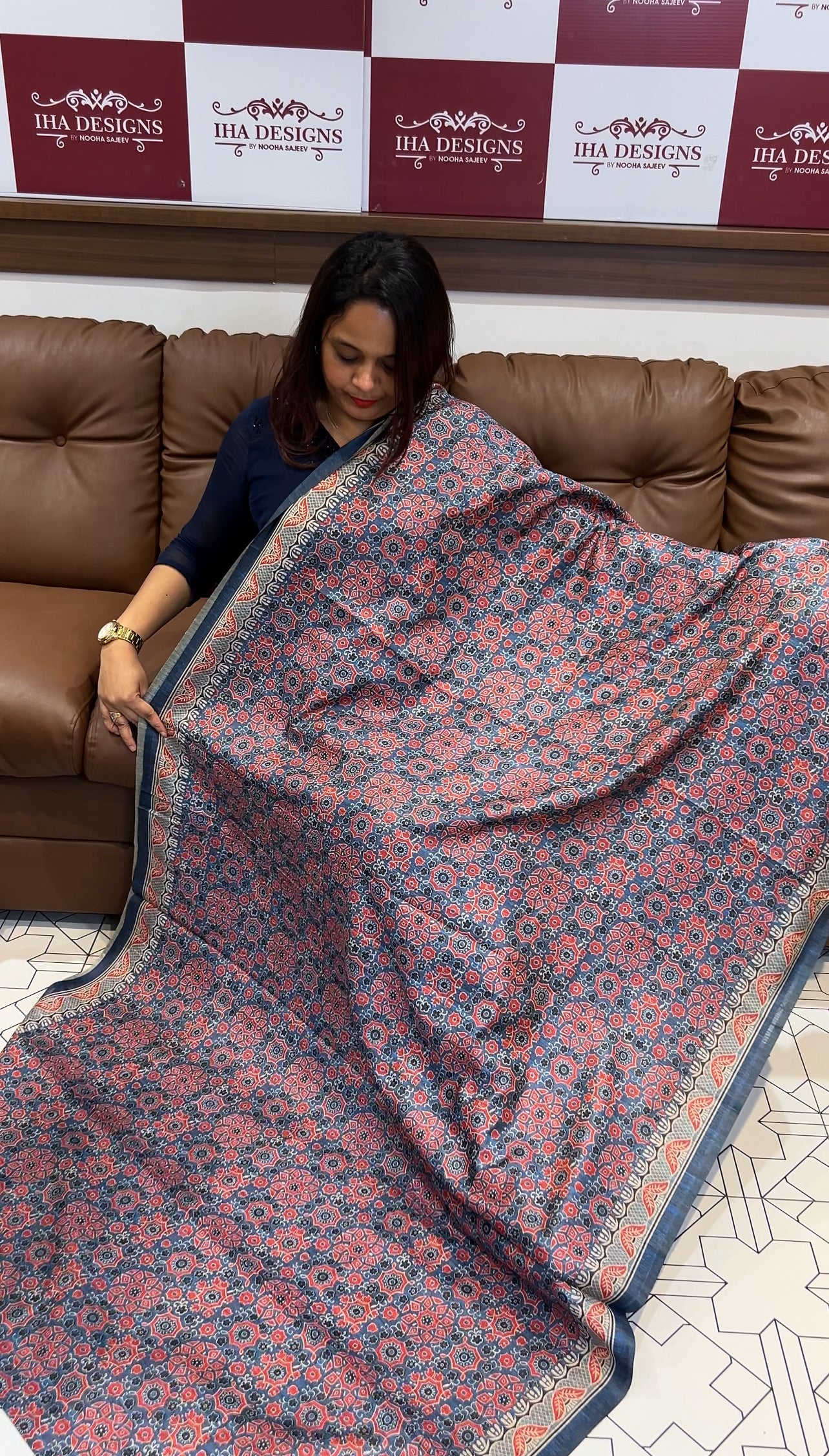 AJRAKH PRINTED SEMI JUTE SAREES - IHA 9717
