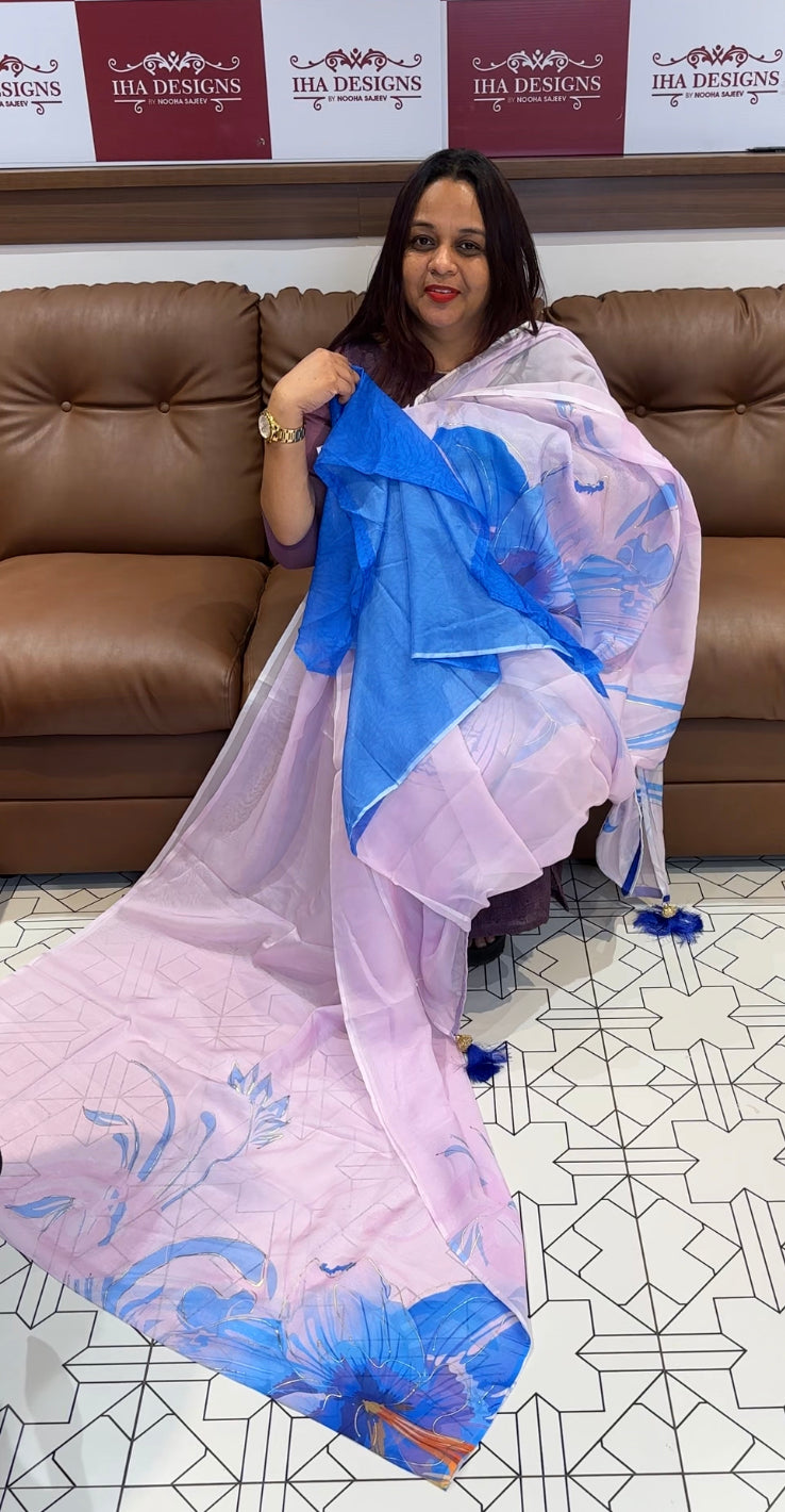 HANDPAINTED ORGANZA SAREES - IHA 8109