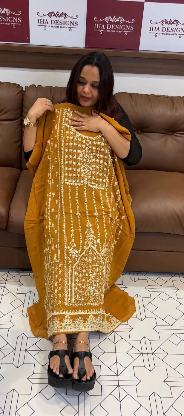 LUCKNOWI CHIKANKARI UNSTITCHED SALWAR SUITS - IHA 8430