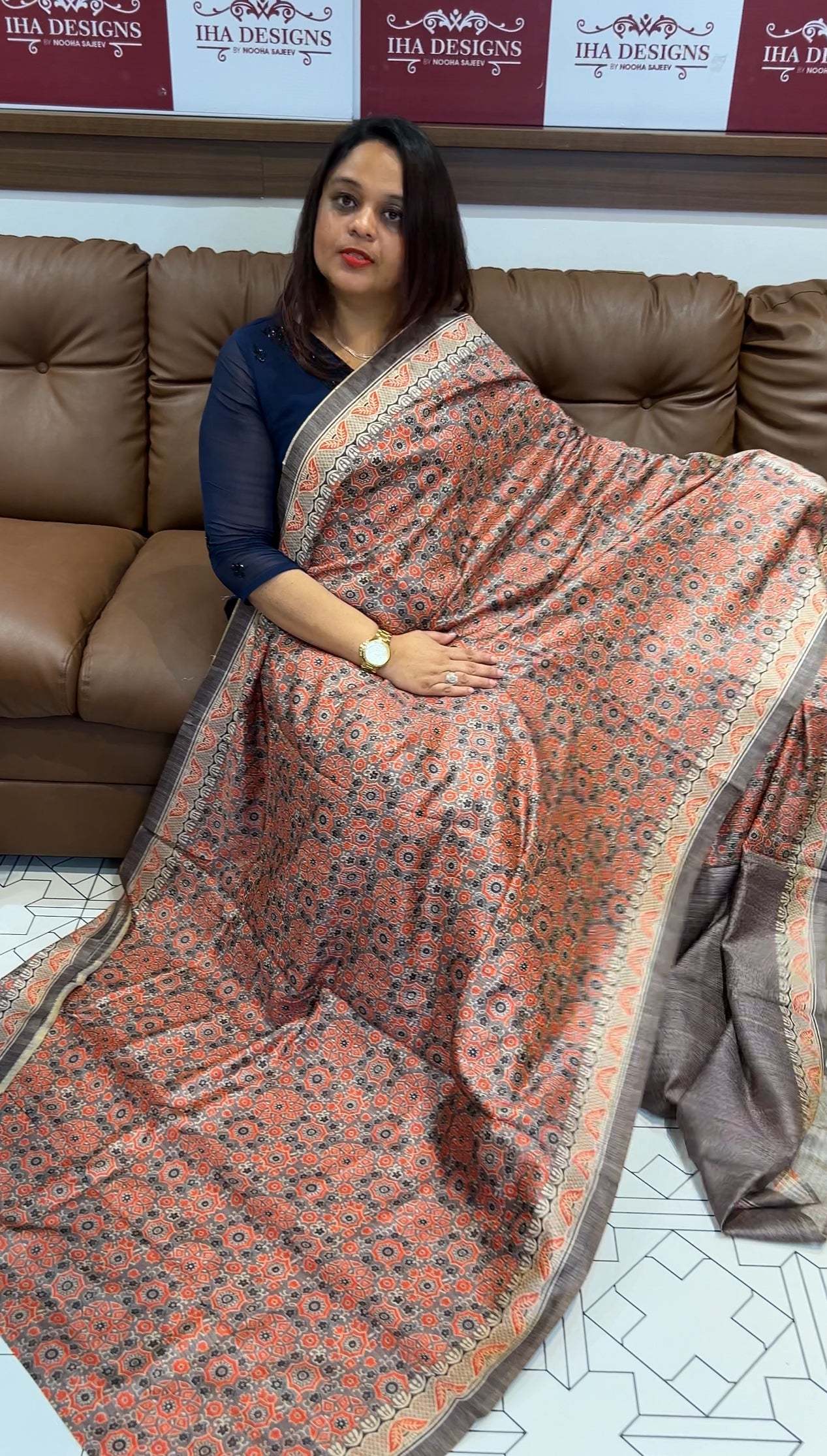 AJRAKH PRINTED SEMI JUTE SAREES - IHA 9717