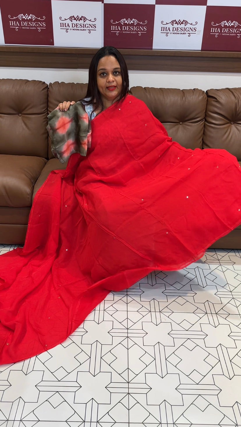 VISCOSE ORGANZA SAREES & MARBLE PRINTED BLOUUSE - IHA 8455