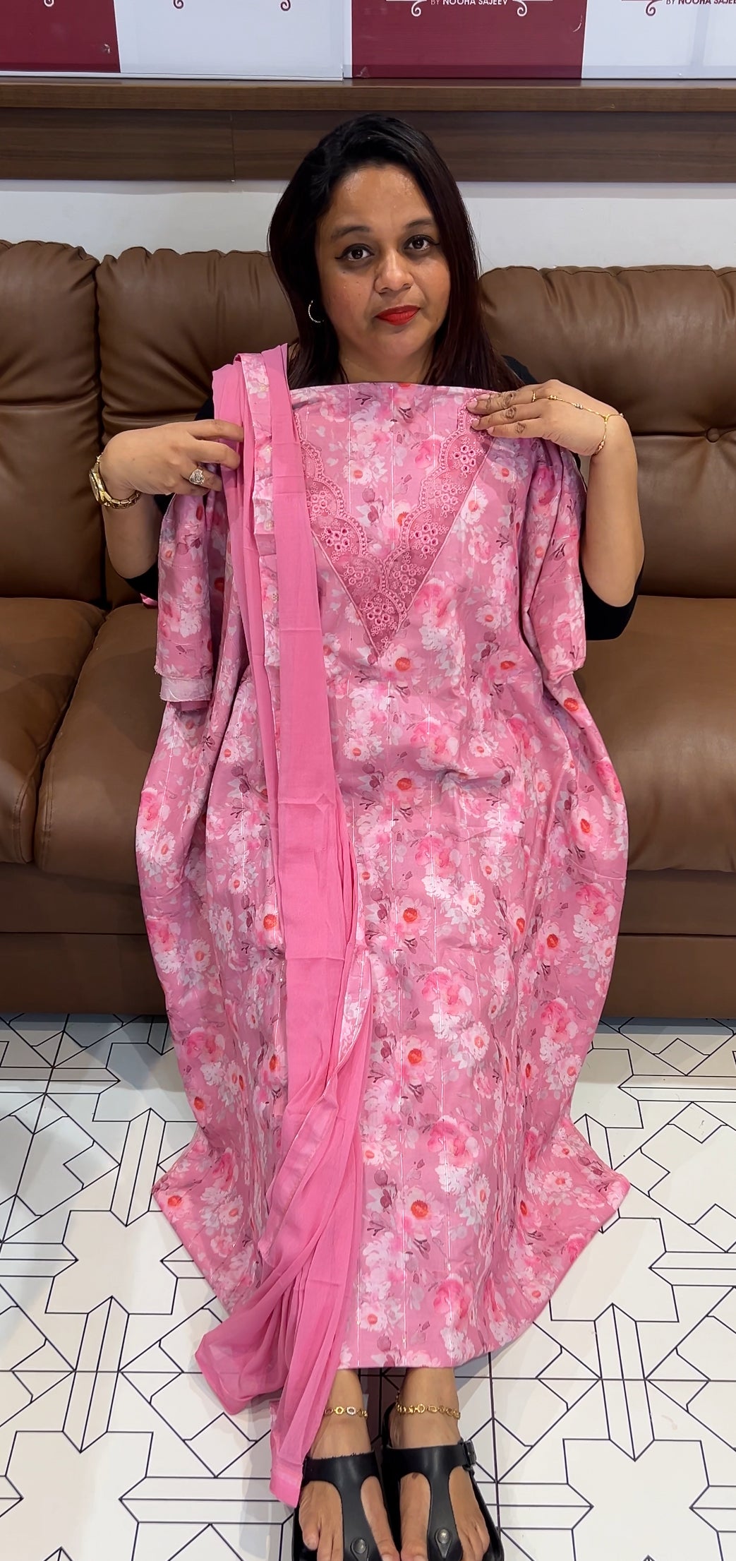 PRINTED CHANDERI UNSTITCHED SALWAR SUITS - IHA 9763