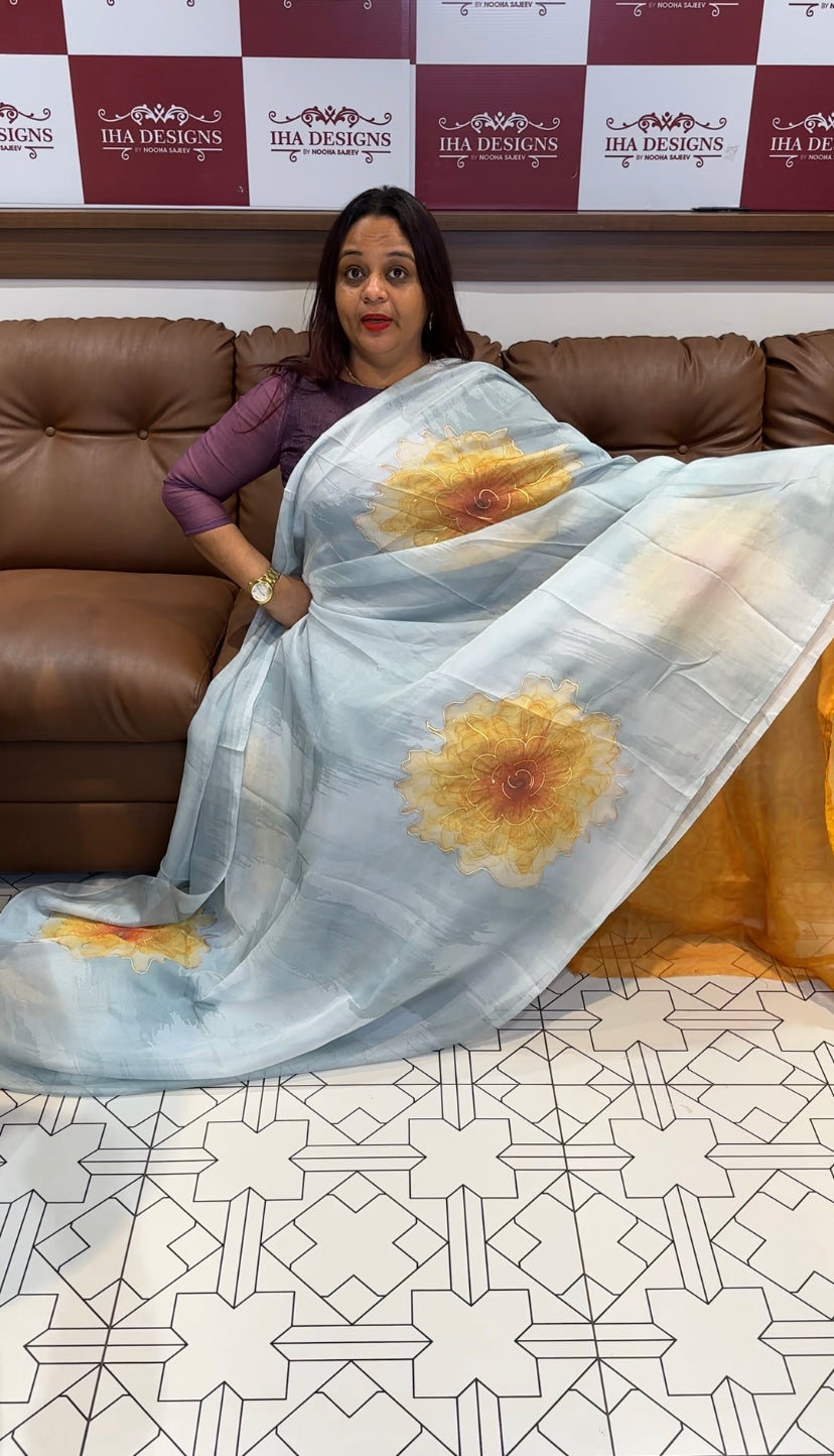 HANDPAINTED ORGANZA SAREES - IHA 8109