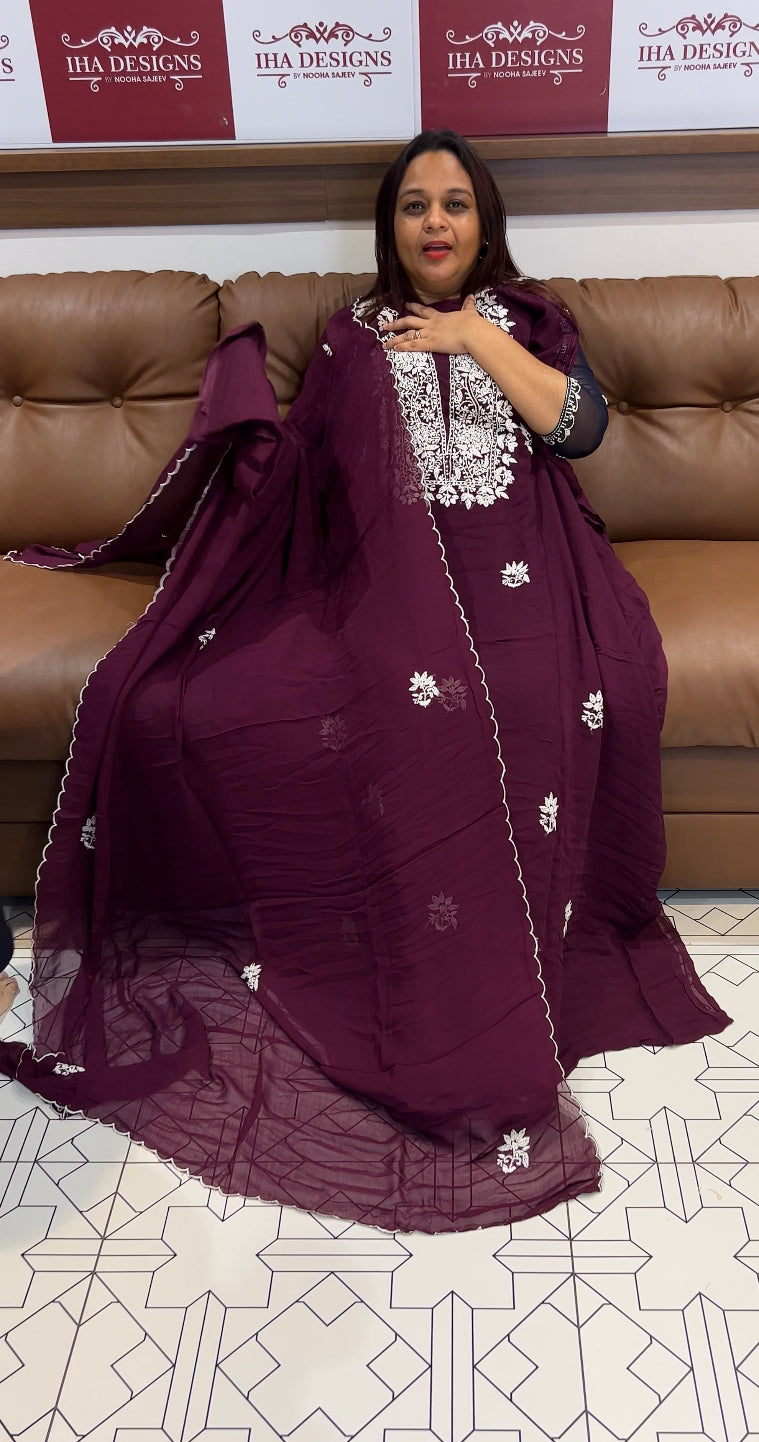 LUCKNOWI CHIKANKARI UNSTITCHED SALWAR SUITS - IHA 8223