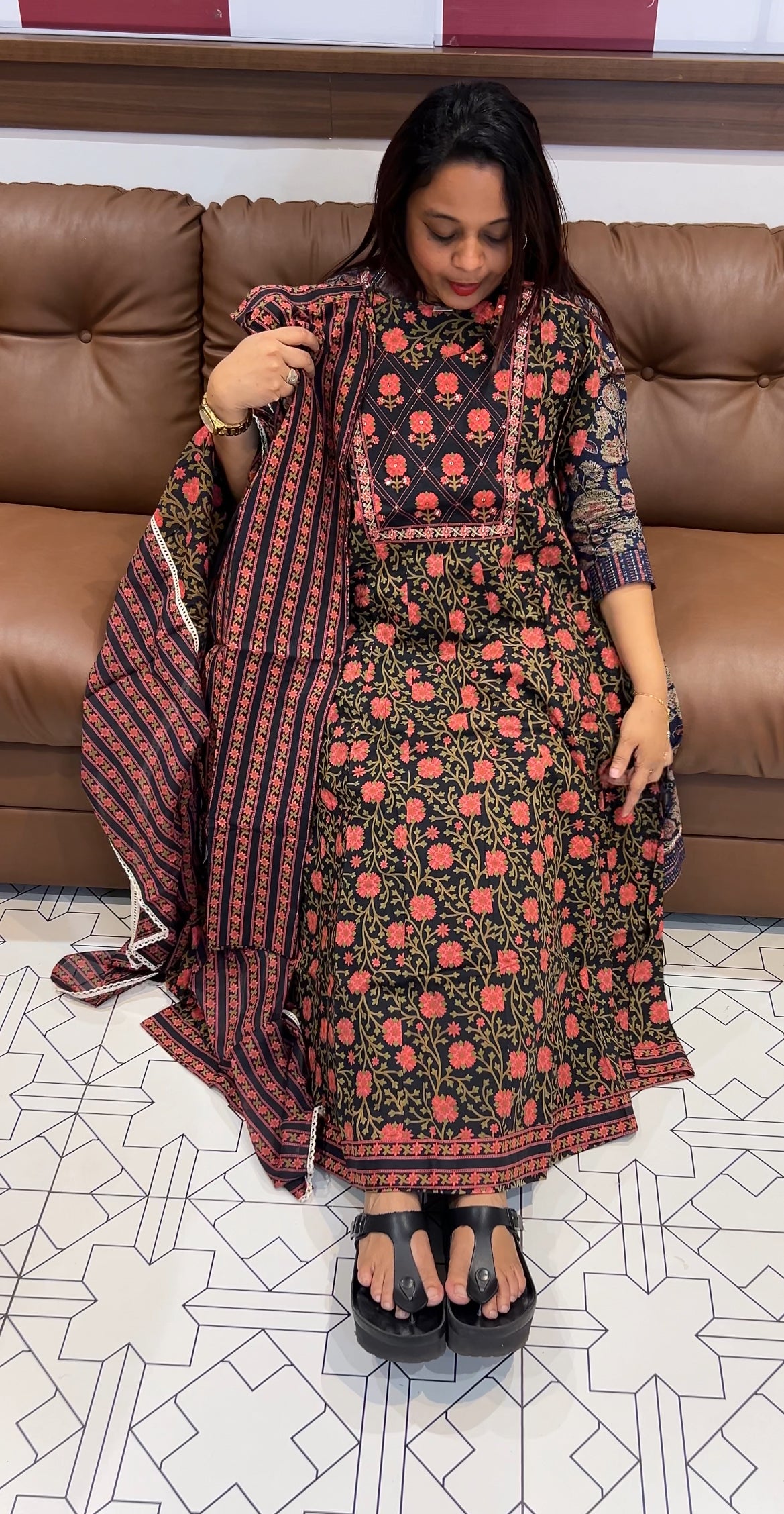 BUDGET BUY PRINTED COTTON ANARKALI TOP , BOTTOM AND DUPATTA - IHA 9767