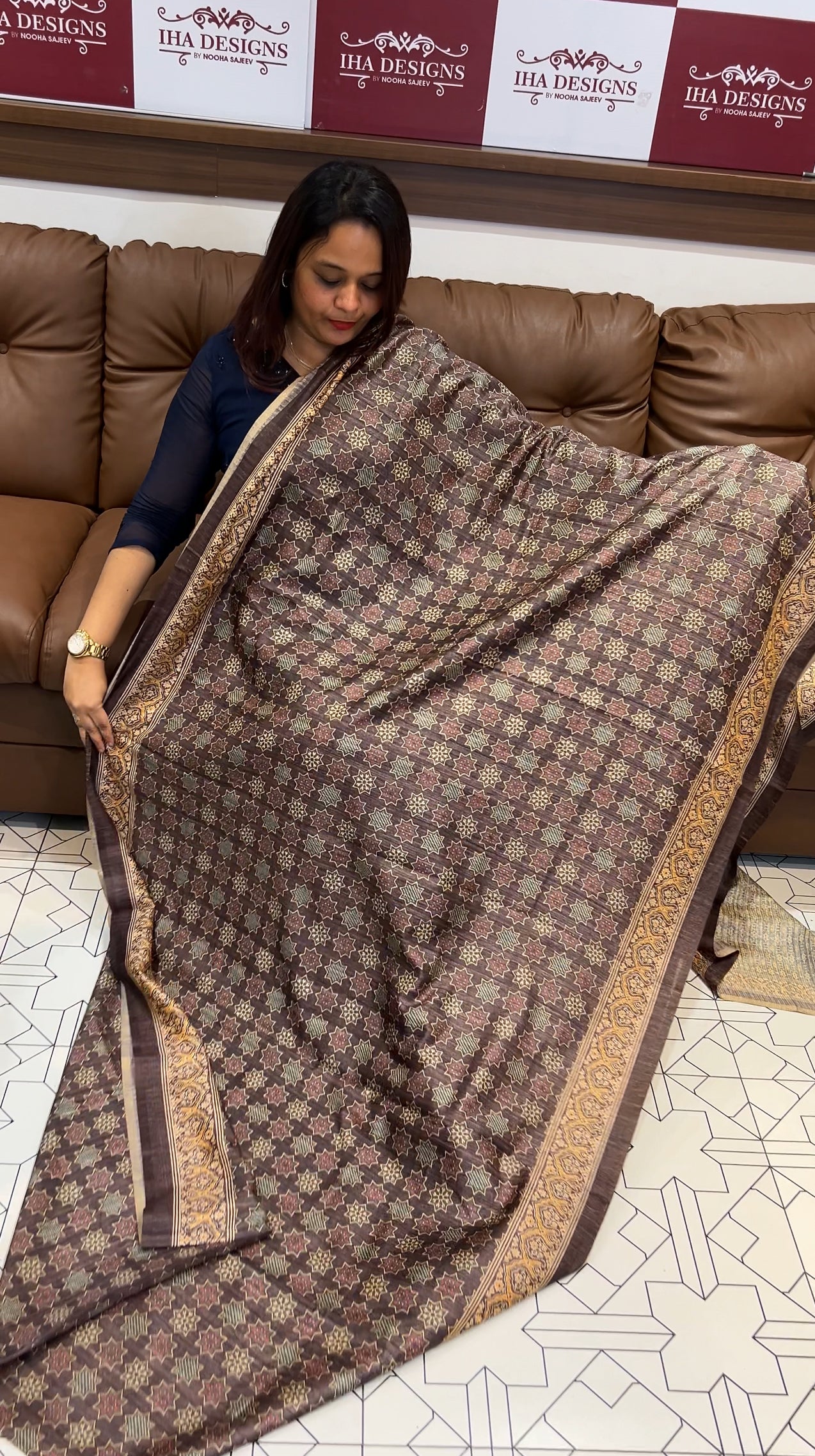 AJRAKH PRINTED SEMI JUTE SAREES - IHA 9717