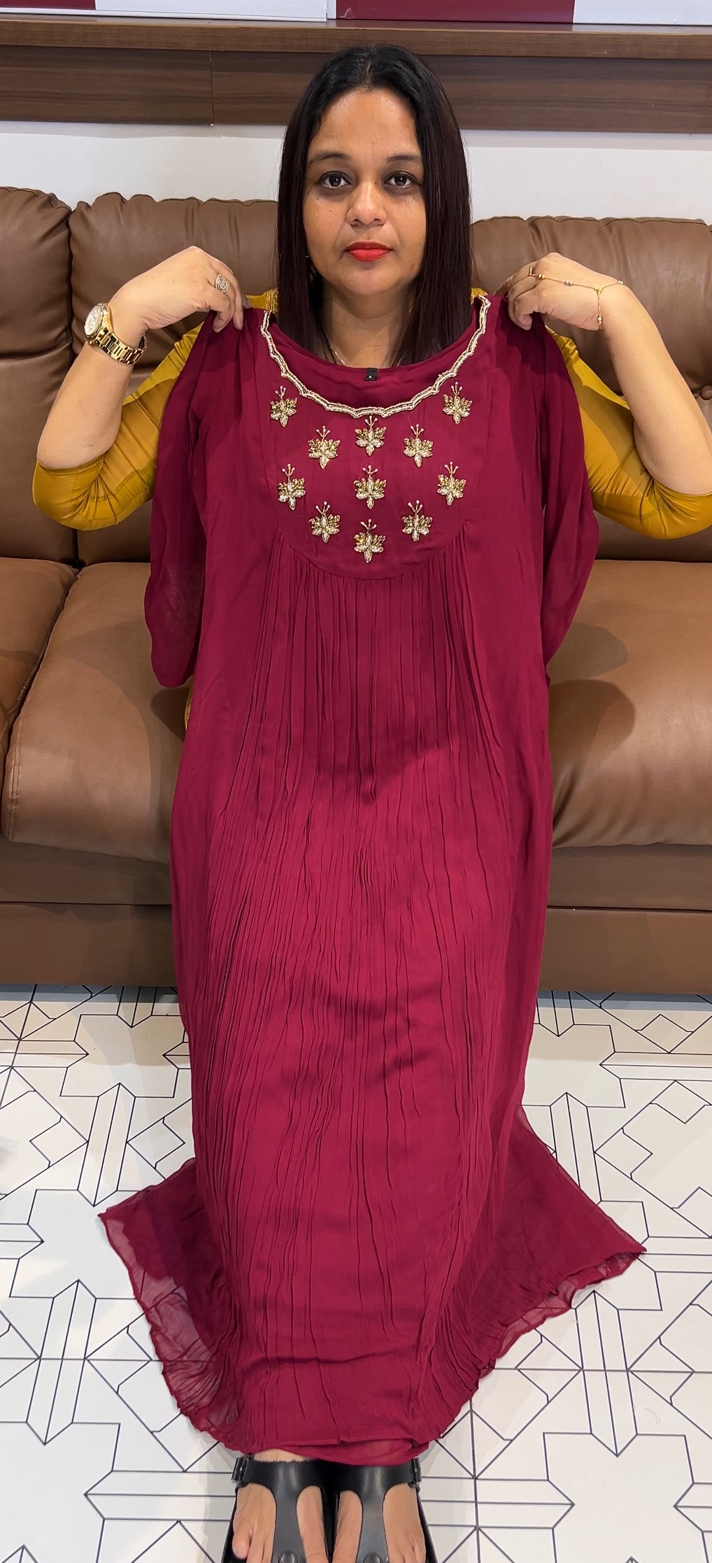 VISCOSE GEORGETTE HAND WORKED ALINE TOPS - IHA 9470