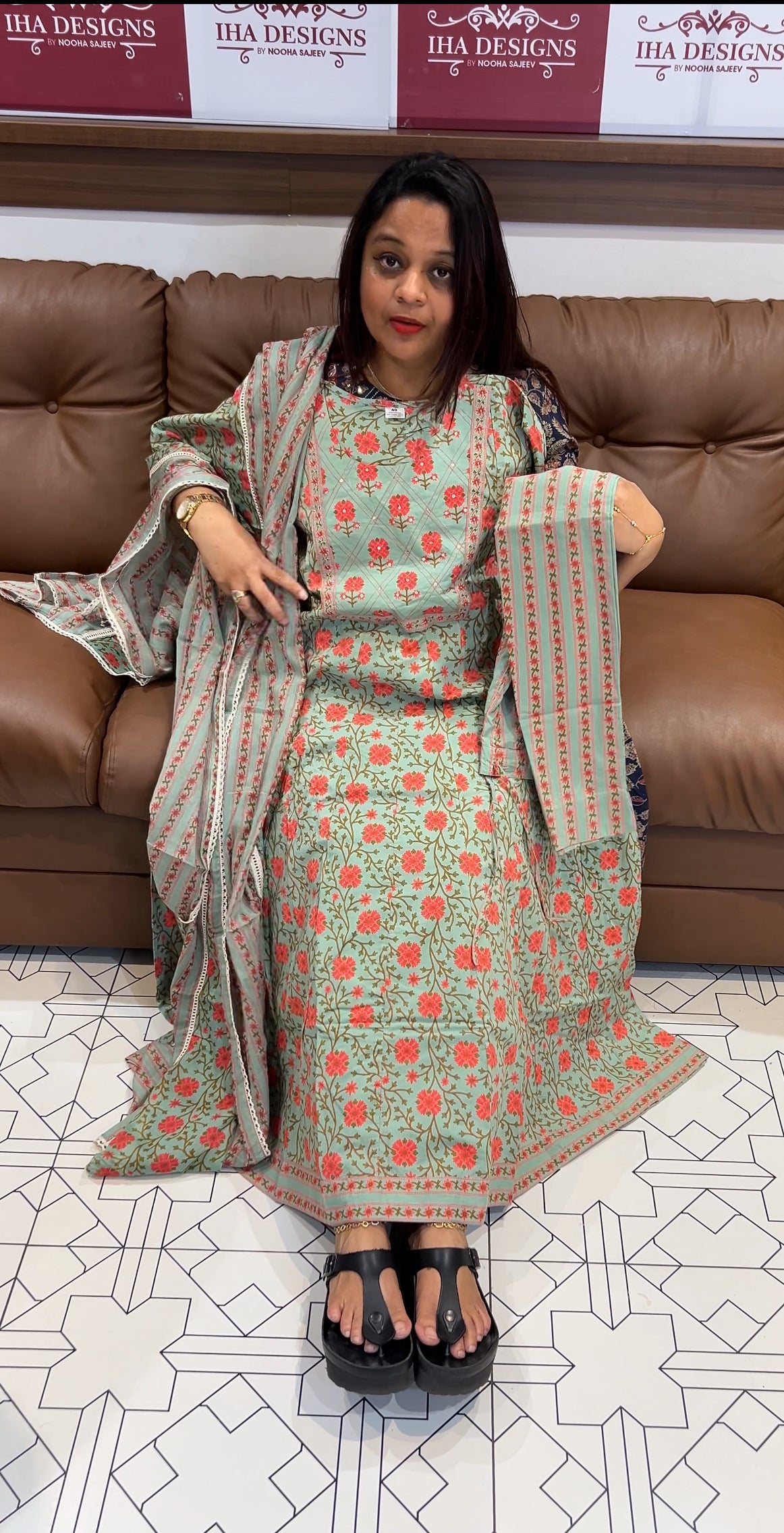 BUDGET BUY PRINTED COTTON ANARKALI TOP , BOTTOM AND DUPATTA - IHA 9767