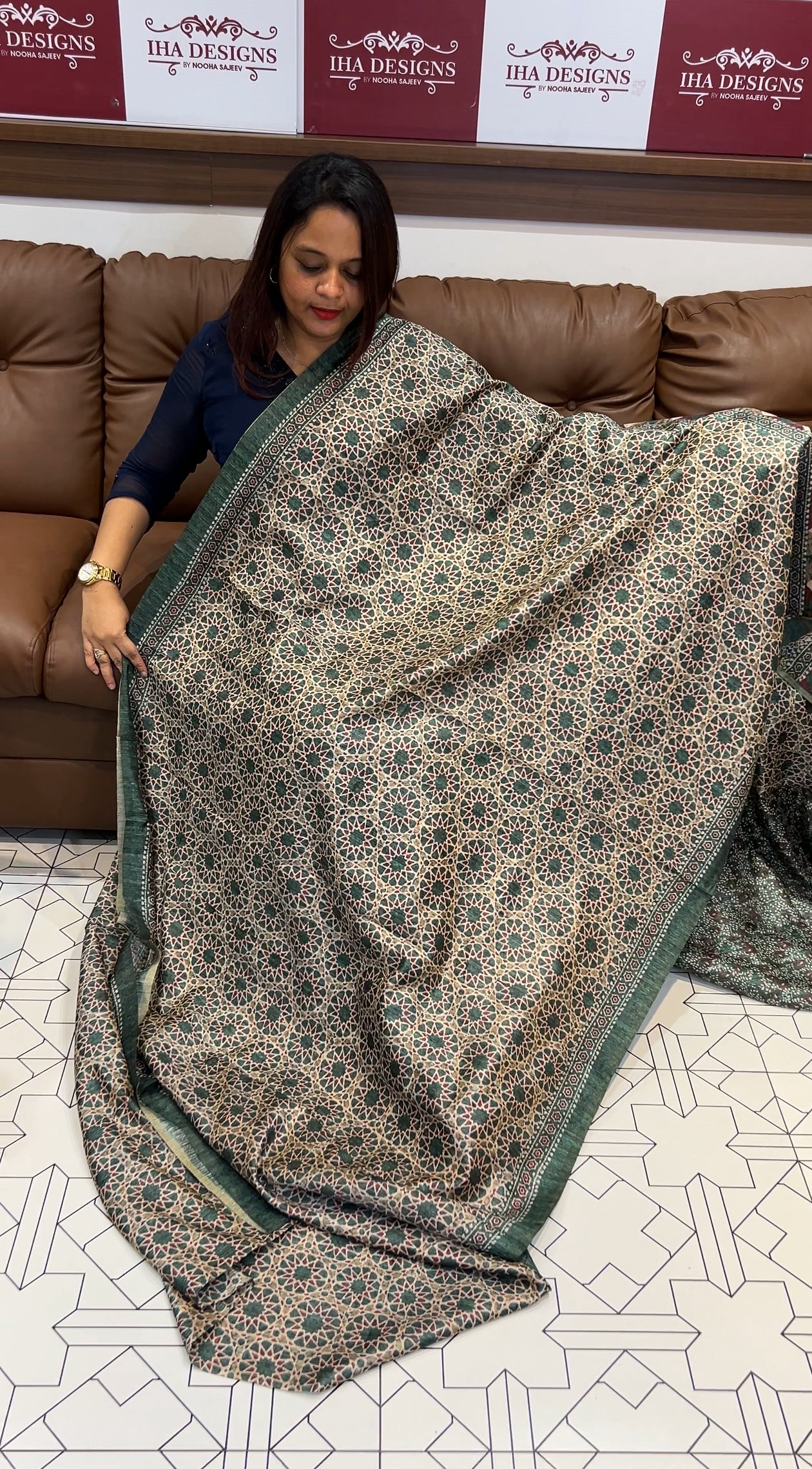 AJRAKH PRINTED SEMI JUTE SAREES - IHA 9717