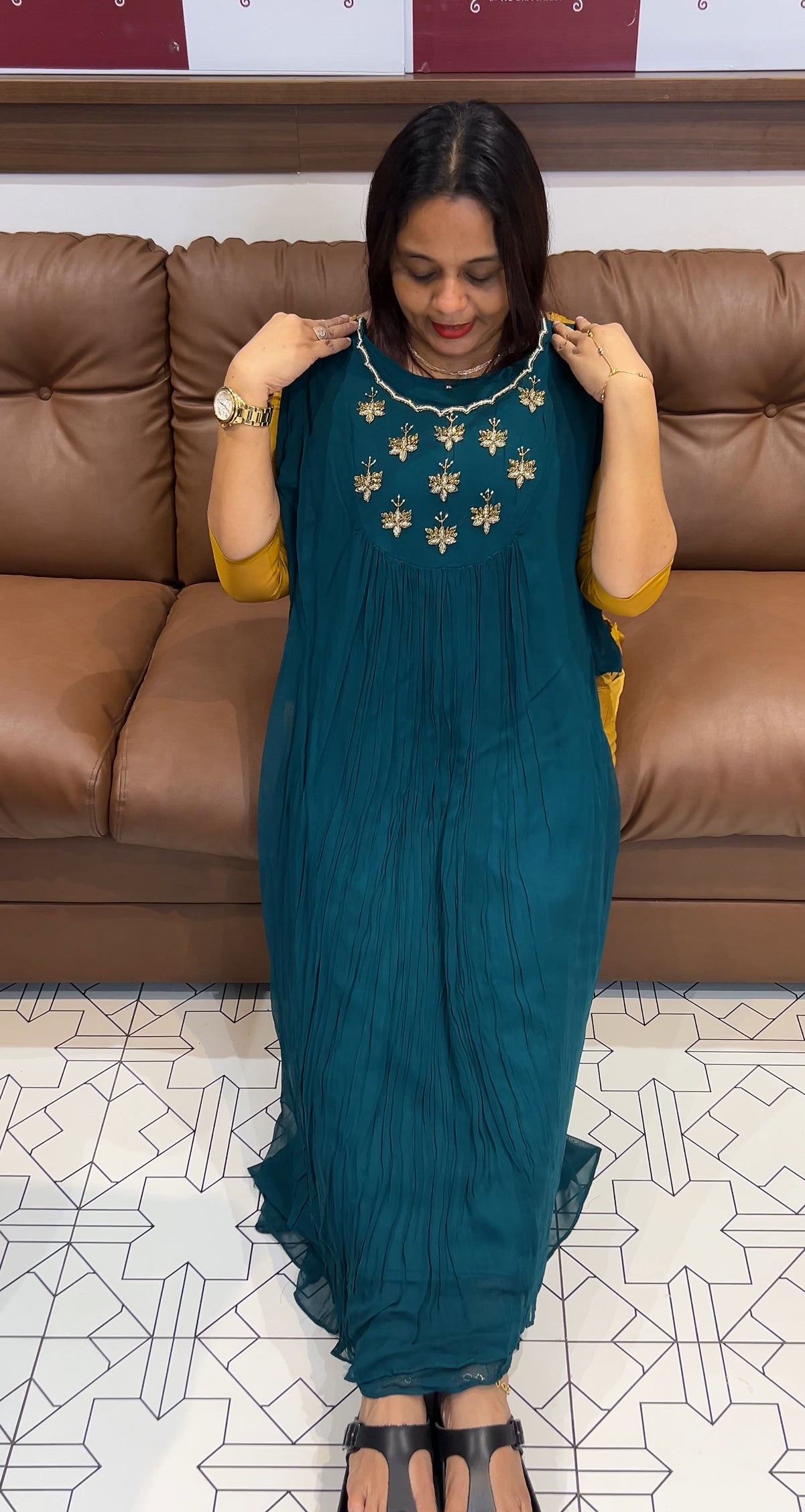 VISCOSE GEORGETTE HAND WORKED ALINE TOPS - IHA 9470
