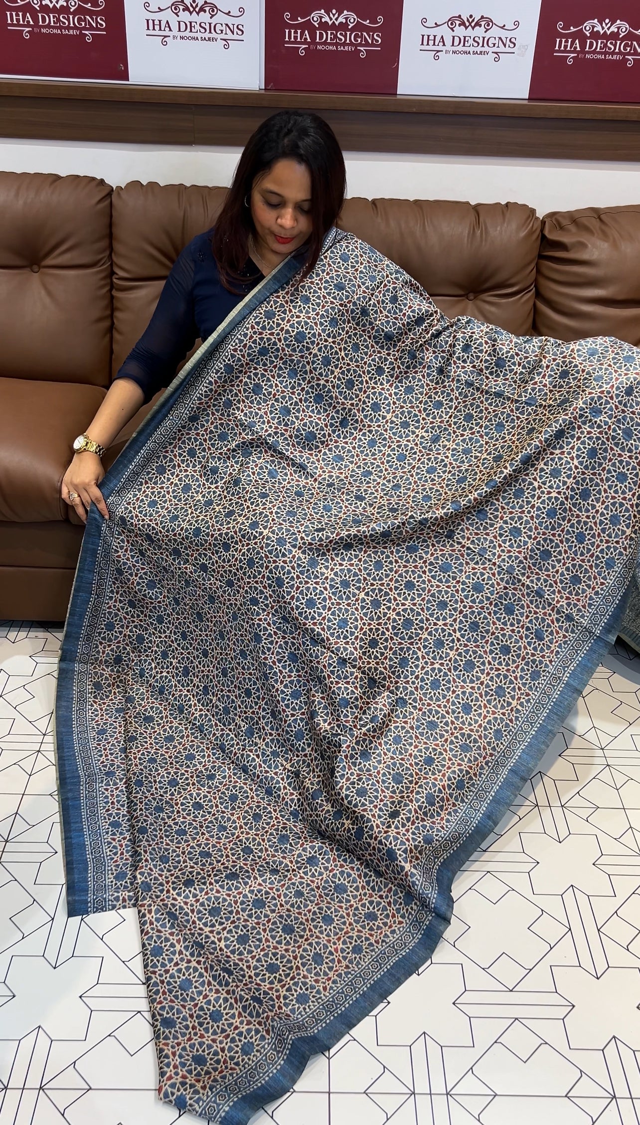 AJRAKH PRINTED SEMI JUTE SAREES - IHA 9717