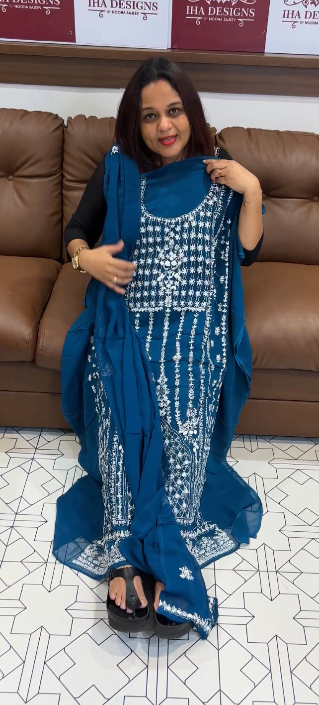 LUCKNOWI CHIKANKARI UNSTITCHED SALWAR SUITS - IHA 8430