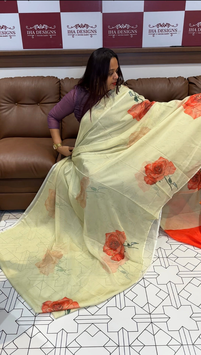 HANDPAINTED ORGANZA SAREES - IHA 8109