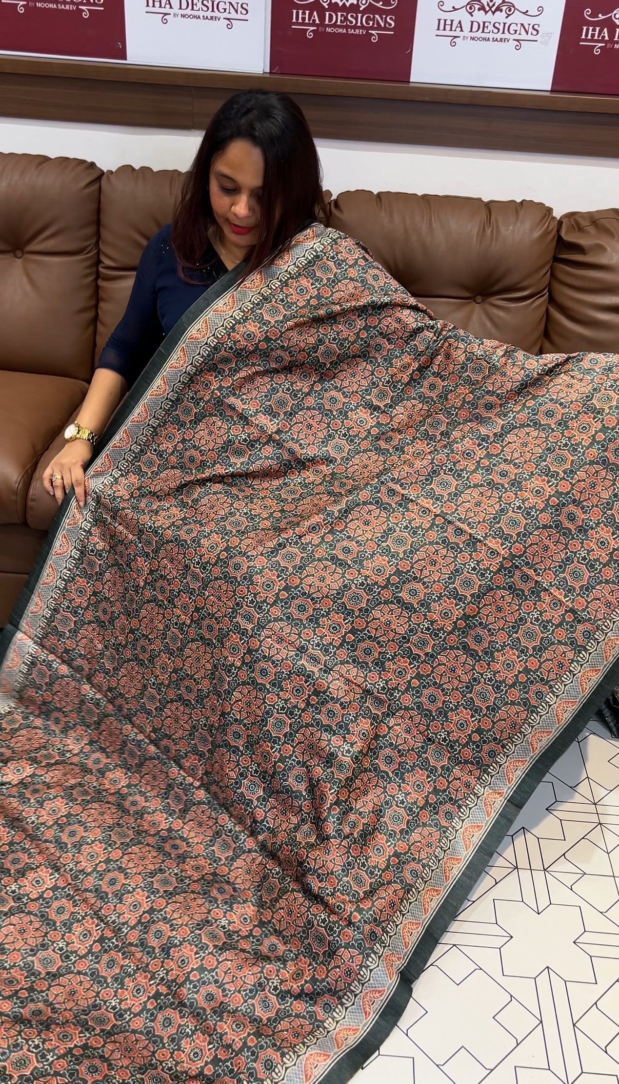 AJRAKH PRINTED SEMI JUTE SAREES - IHA 9717