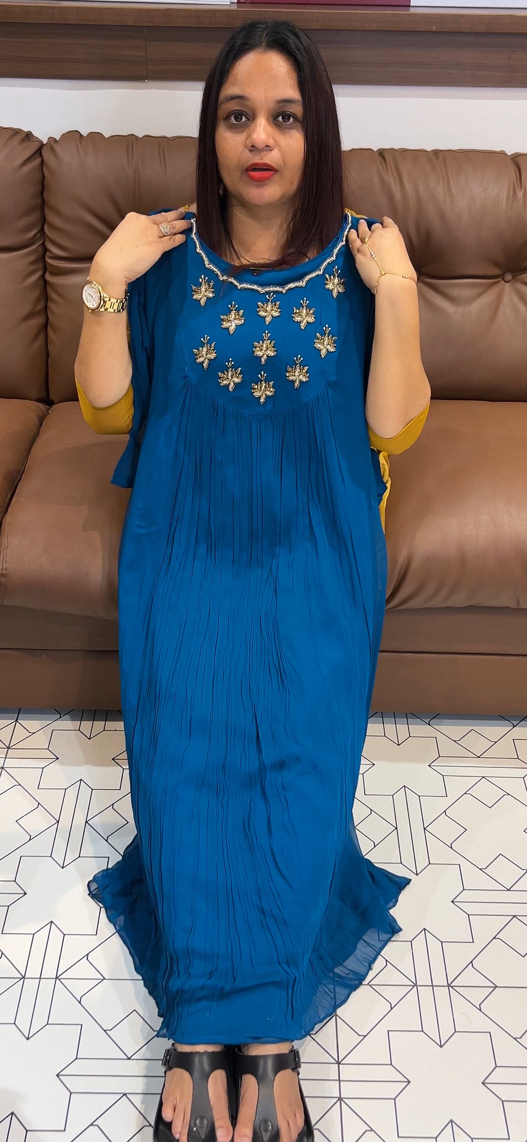 VISCOSE GEORGETTE HAND WORKED ALINE TOPS - IHA 9470